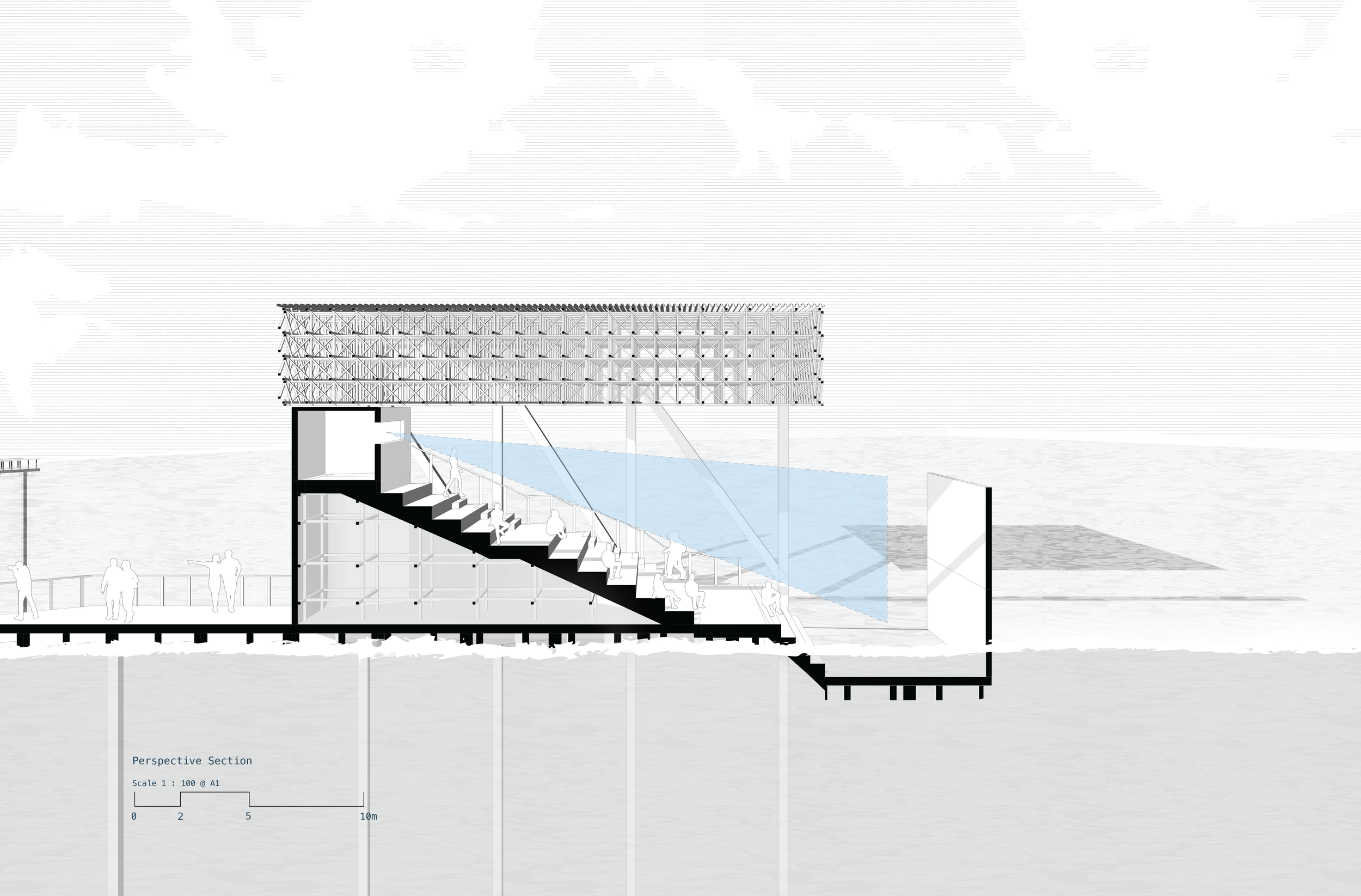 Architectural cross-section drawing of a building with a staircase, seating areas, and a water feature, with a modern structural design and people interacting within the space.