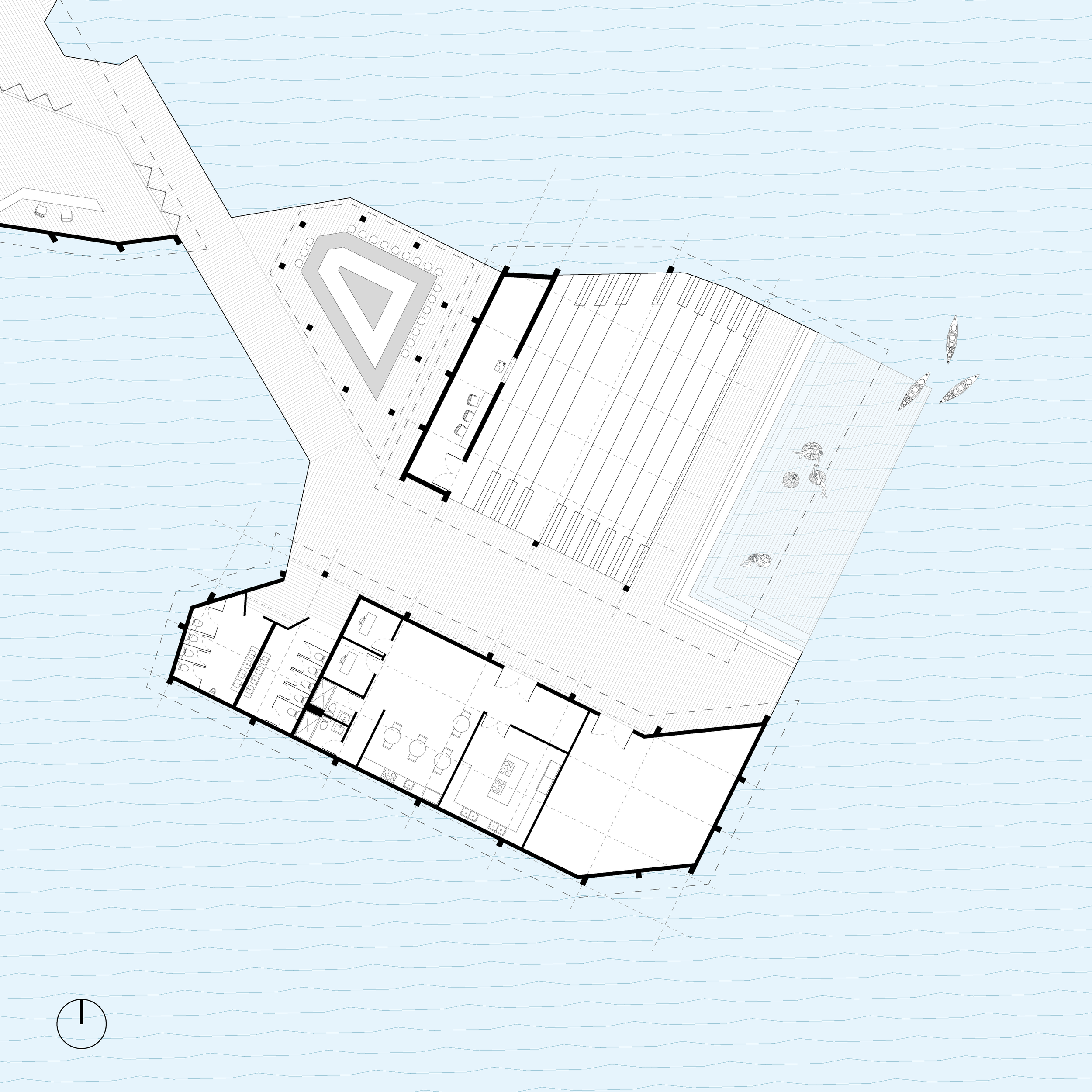 Architectural floor plan of a building surrounded by water with boats, including living spaces, a kitchen, bathrooms, an outdoor pool, and a dock.