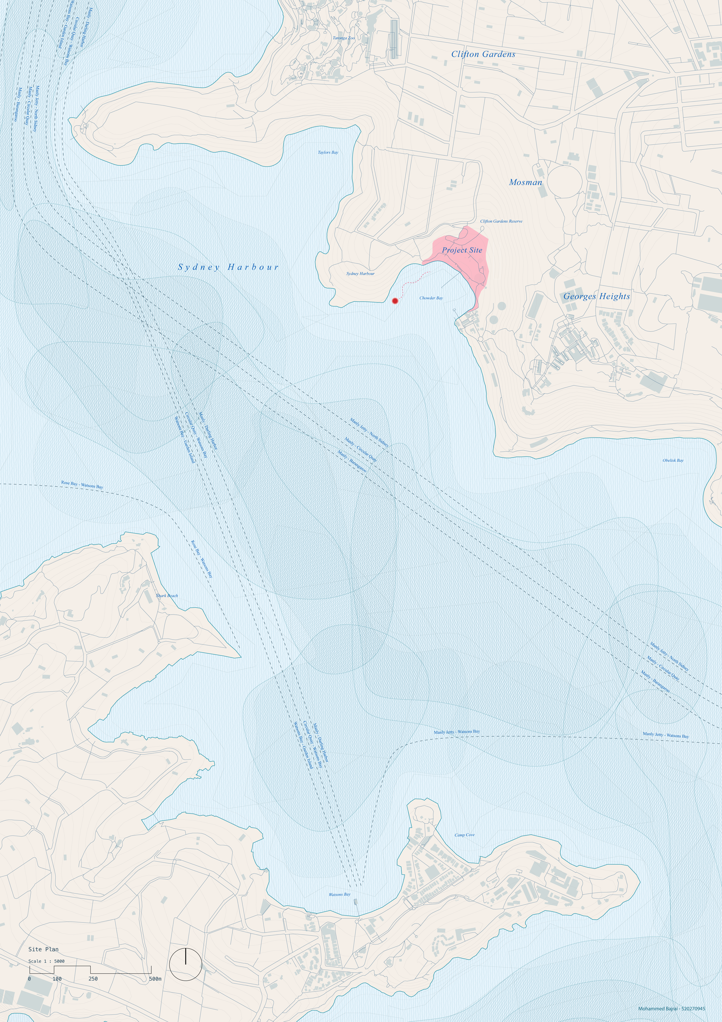 Map of Sydney Harbour highlighting a project site near Clifton Gardens in Australia, with surrounding neighborhoods, water bodies, and navigation routes.