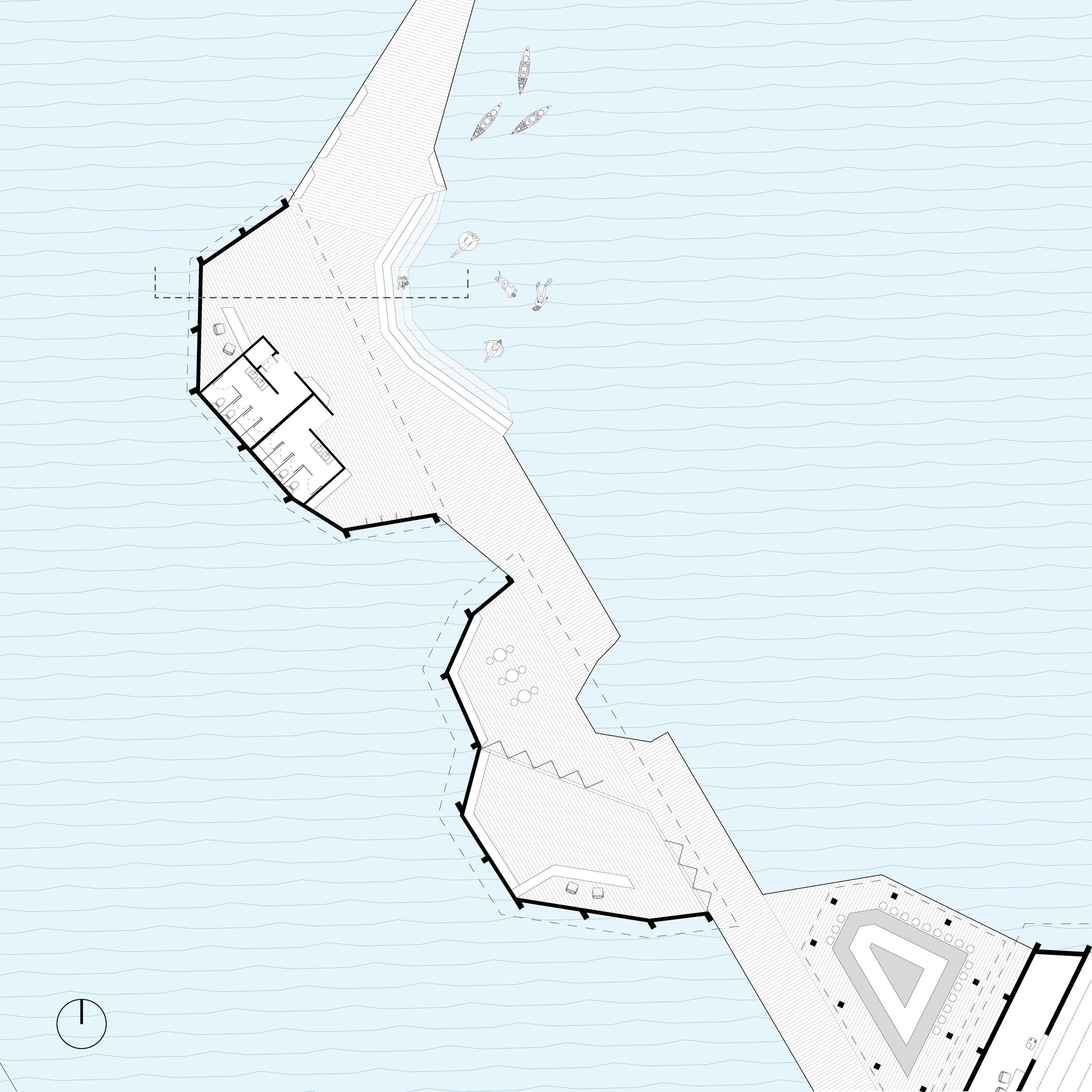 A detailed architectural plan of a pier extending into a body of water, with boats docked nearby, and a building with multiple rooms and outdoor seating areas.