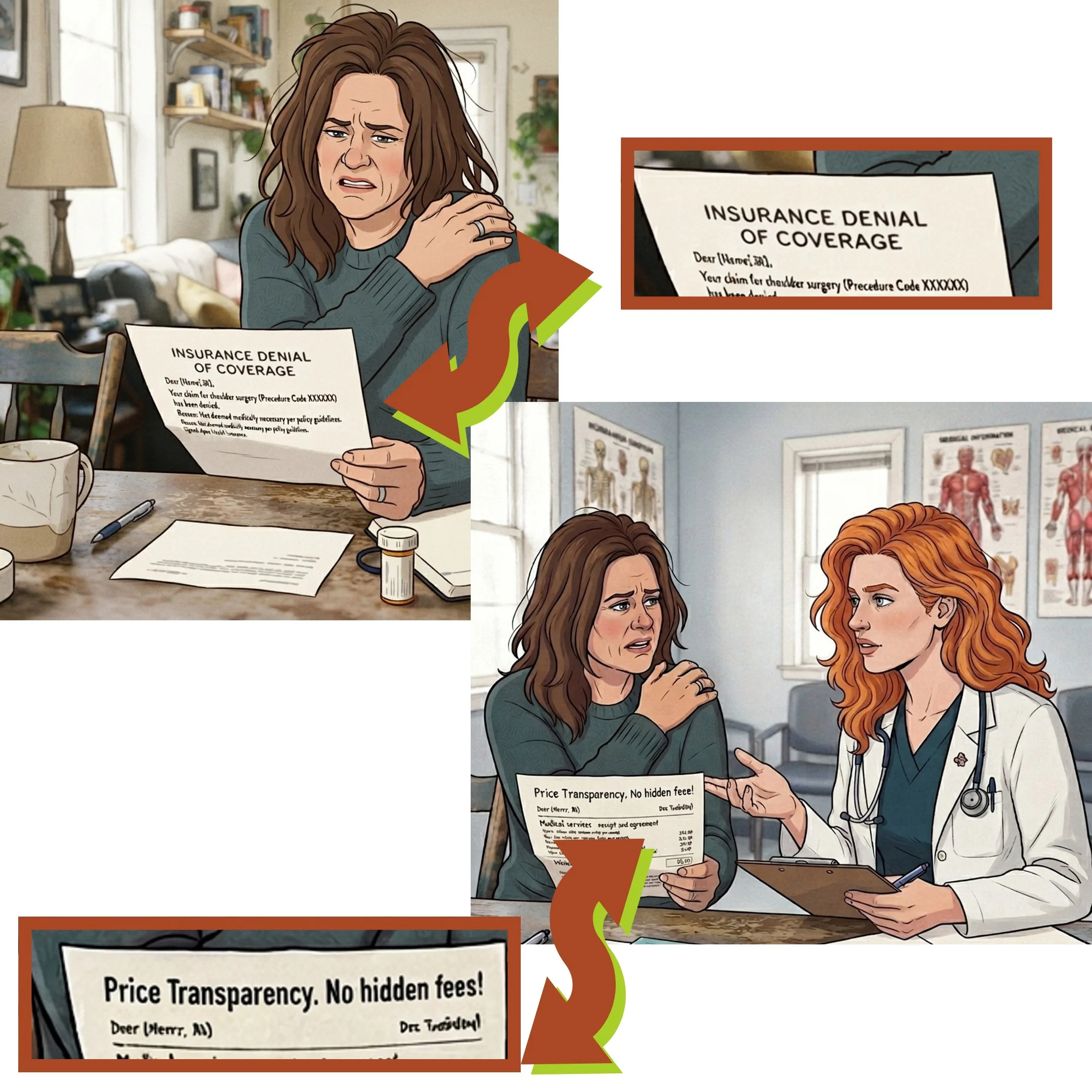 Woman with left shoulder pain is holding letter that says "Insurance Denial". 2nd picture shows woman in pain talking to female doctor with a letter that says, "Price Transparency. No hidden fees!"