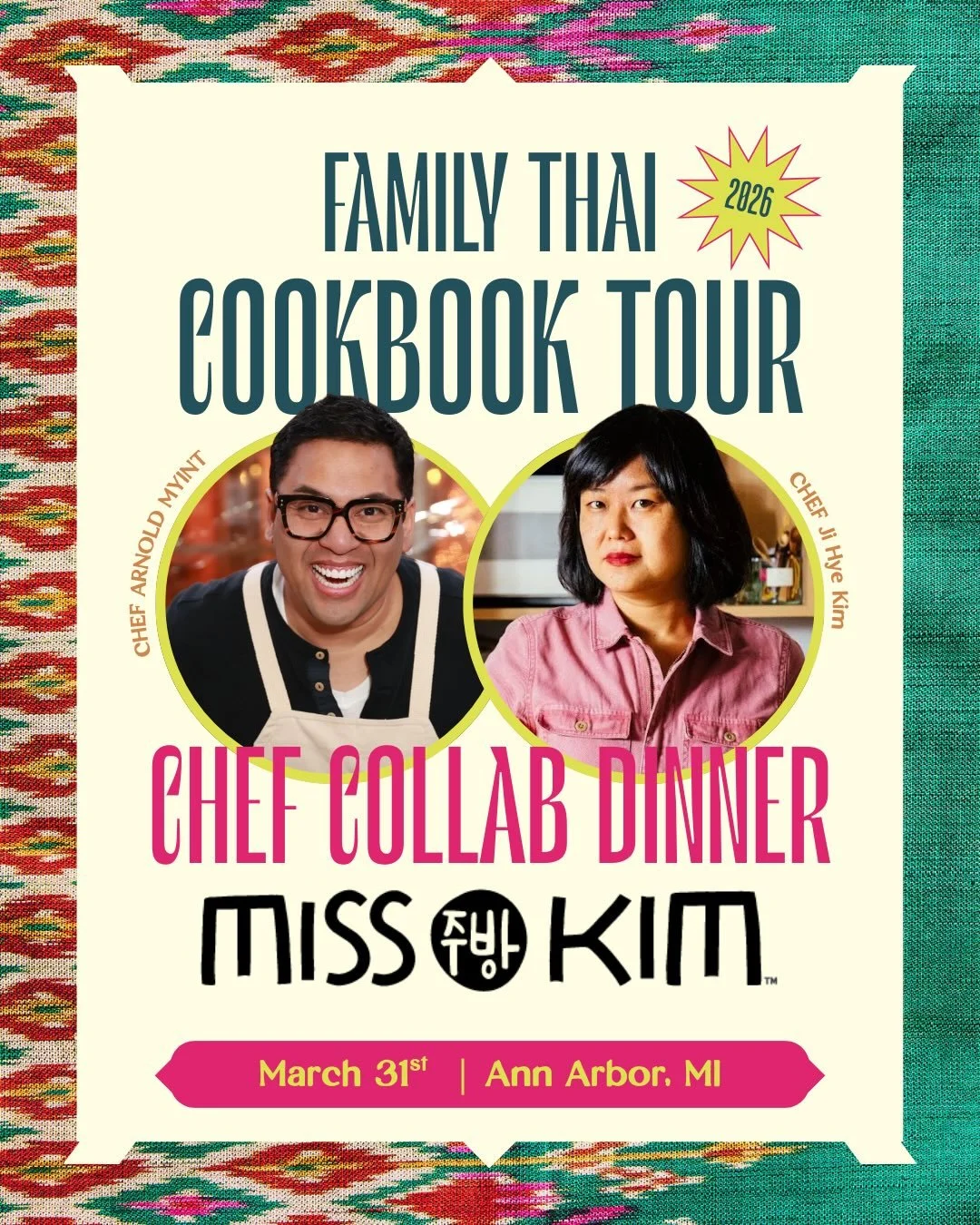 Family Thai x Miss Kim : Ann Arbor
Dinner Collab with Chef Arnold Myint x Ji Hye Kim.  March 31st at 7pm @misskimannarbor 
(Shout out to @jonkung for connecting us!)

Enjoy an unforgettable dinner at Miss Kim that includes a signed copy of Family Tha