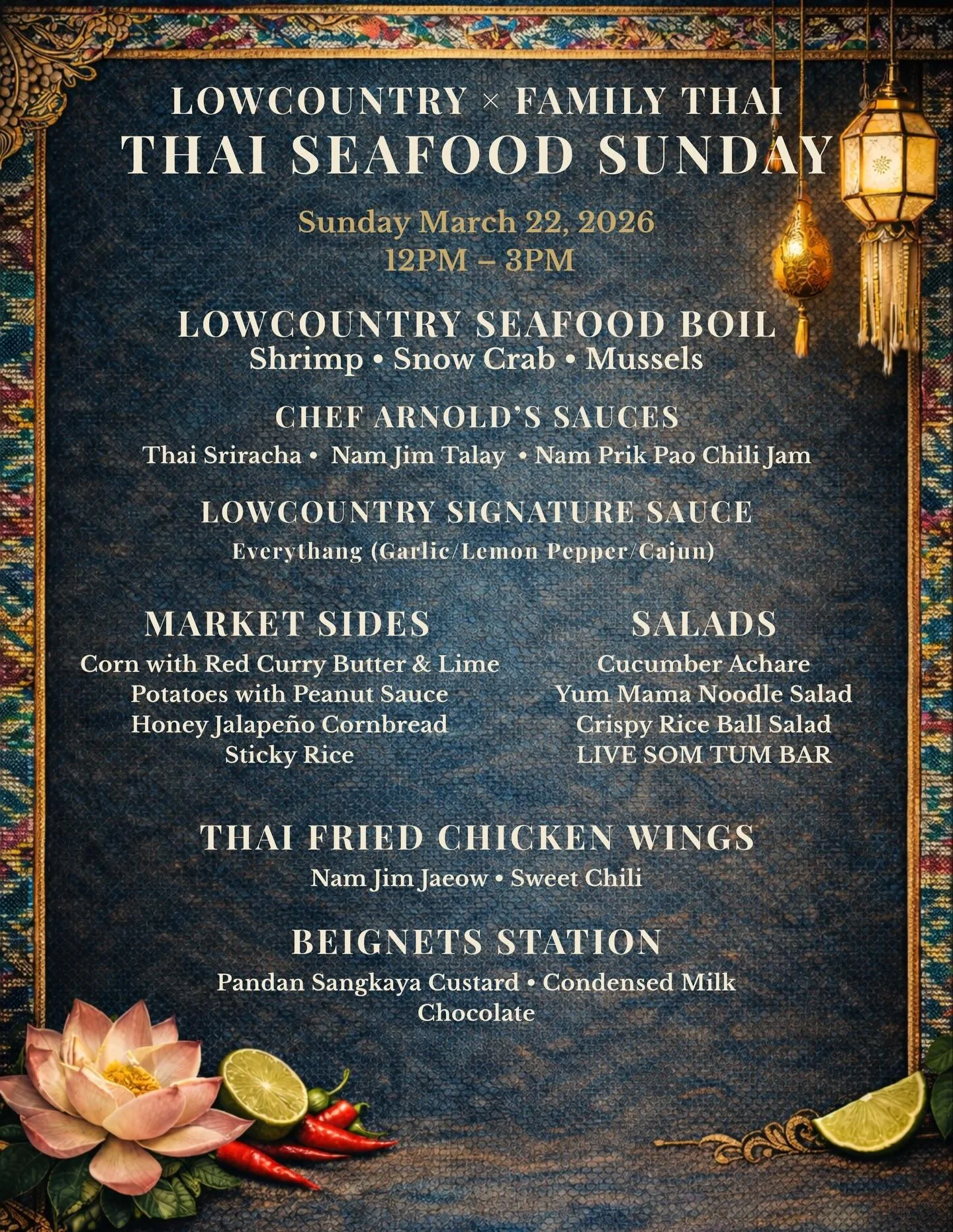 CHICAGO SEAFOOD SUNDAY
Hello!!! We are prepped and ready for our funday Taste of Thailand @lowcountrychi 🎉🎉🎉

It&rsquo;s a good ole seafood boil with flavors from my cookbook Family Thai. Noon to 3:00pm. 
Location: Lowcountry South Loop 

Live mus