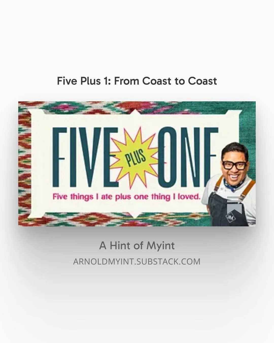 Five Plus One : Substack 
&ldquo;My cookbook came out in October 2025 and though I&rsquo;ve been on tour before (as a professional ice skater and also a drag queen; Miss Gay America 2017), this intellectual journey of a door to door chef/book salesma