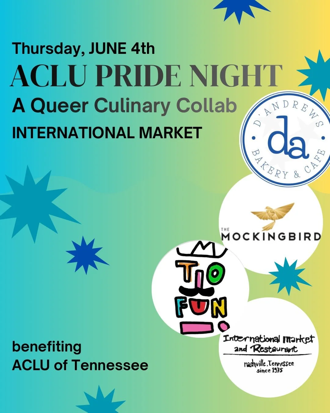 ACLU PRIDE NIGHT!!!
Please join us Thursday June 4th @imnashville for a special celebration of Nashville&rsquo;s queer food community.  100% of proceeds from this curated collab &agrave; la carte dinner supports @aclu_tennessee.  So grab your friends