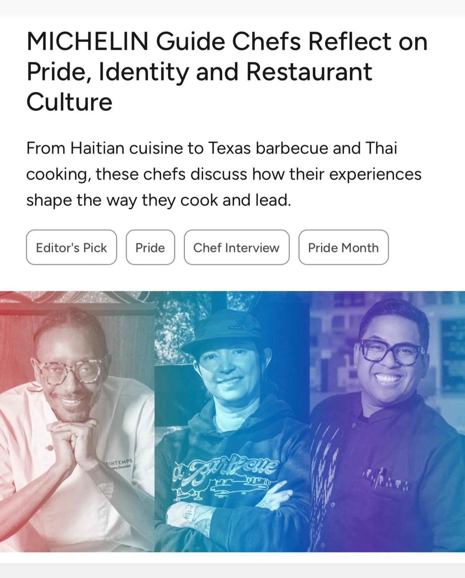 MICHELIN for Pride Month.  Incredibly honored to part of this community and conversation. Thank you @michelinguide 🏳️&zwj;🌈🫶🏽

Across the country, LGBTQIA+ chefs in the MICHELIN Guide bring their personal histories, chosen families and lived expe