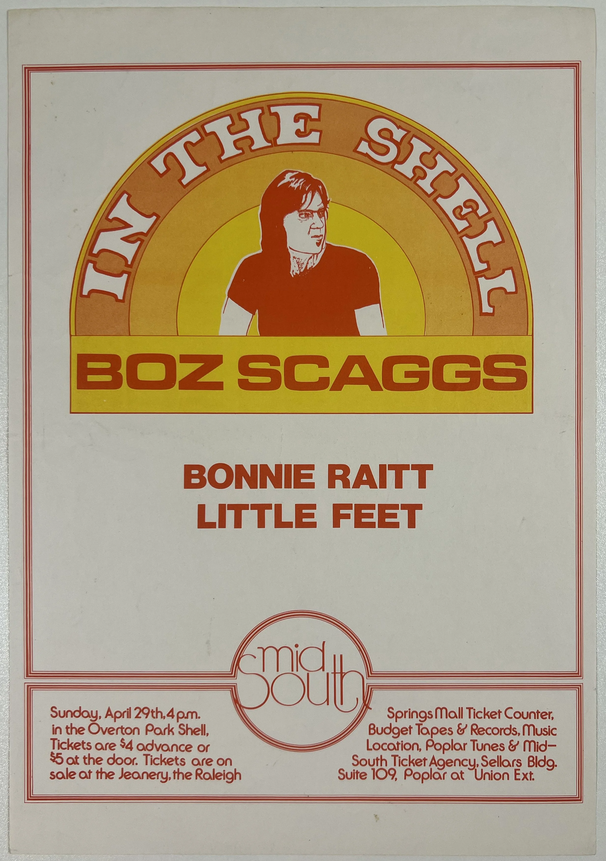 Boz Scaggs, Bonnie Raitt, Little Feat Handbill - Memphis - April 29, 1973