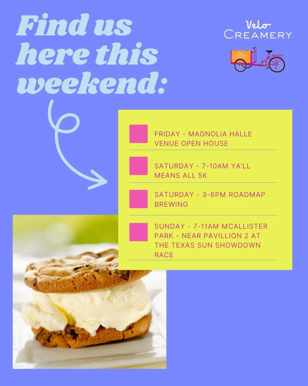 Find us here this weekend! 

Note: We're not selling products on Friday, but if you're planning an event and want to see Velo Creamery in person, we will be there with our whole setup, happy to answer all of your questions, and rumor has it...we're o