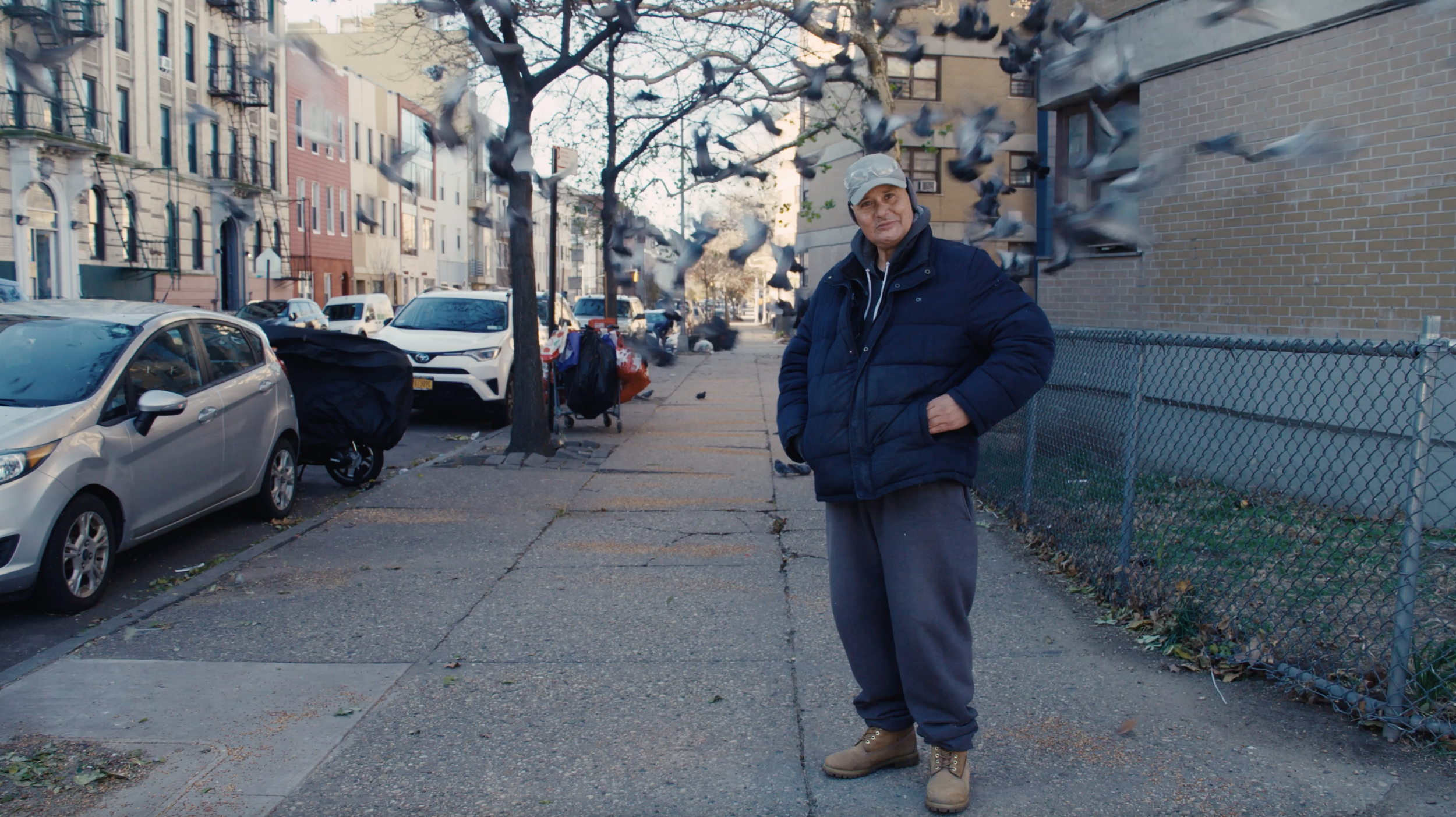 A man standing on a city sidewalk in winter, wearing a dark jacket, gray sweatpants, tan boots, and a cap, with pigeons flying around him. Parked cars and multi-story residential buildings line the street, with trees and a chain-link fence visible.