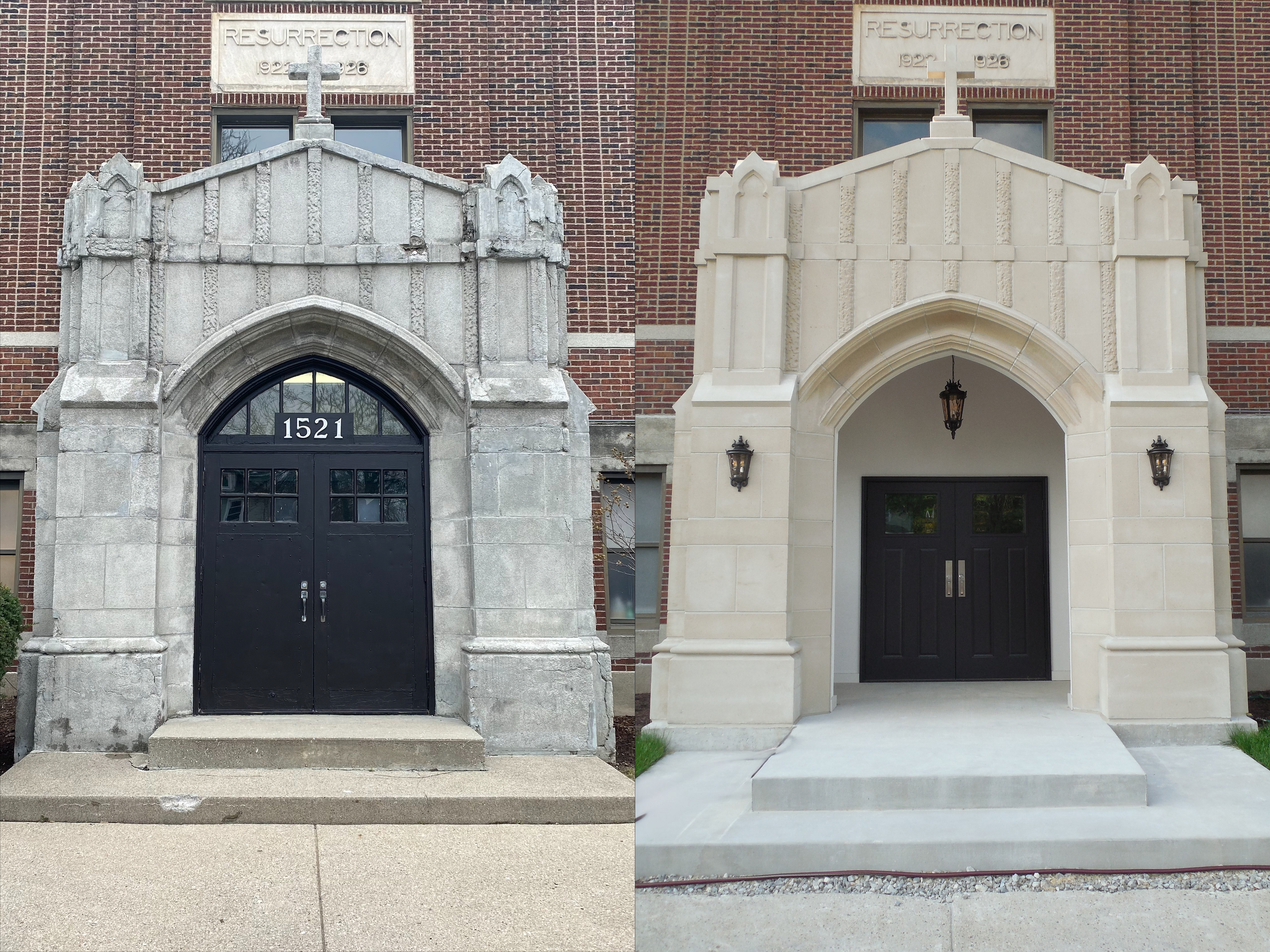 A century old church portico recreated piece for piece in cast stone, down to the original leaf designs. A 2026 Cast Stone Excellence Awards entry.