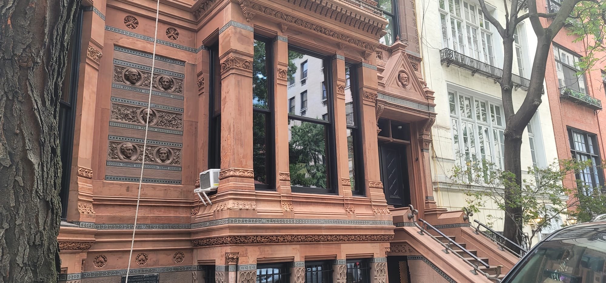 Ornamental copings, band elements, and gargoyles restored in cast stone at the High Victorian Gothic National Arts Club. A 2026 Cast Stone Excellence Awards entry.