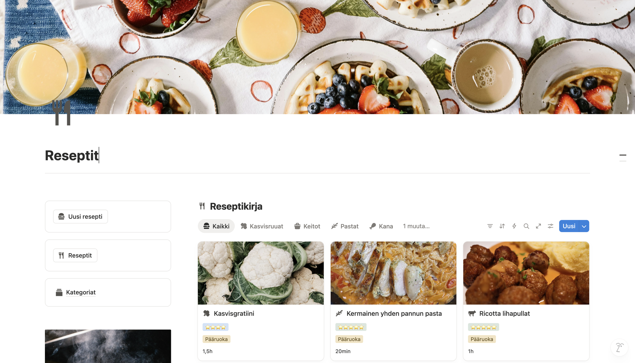 Notioniin voi luoda oman reseptikirjaston, johon on helppo lisätä uusia reseptejä