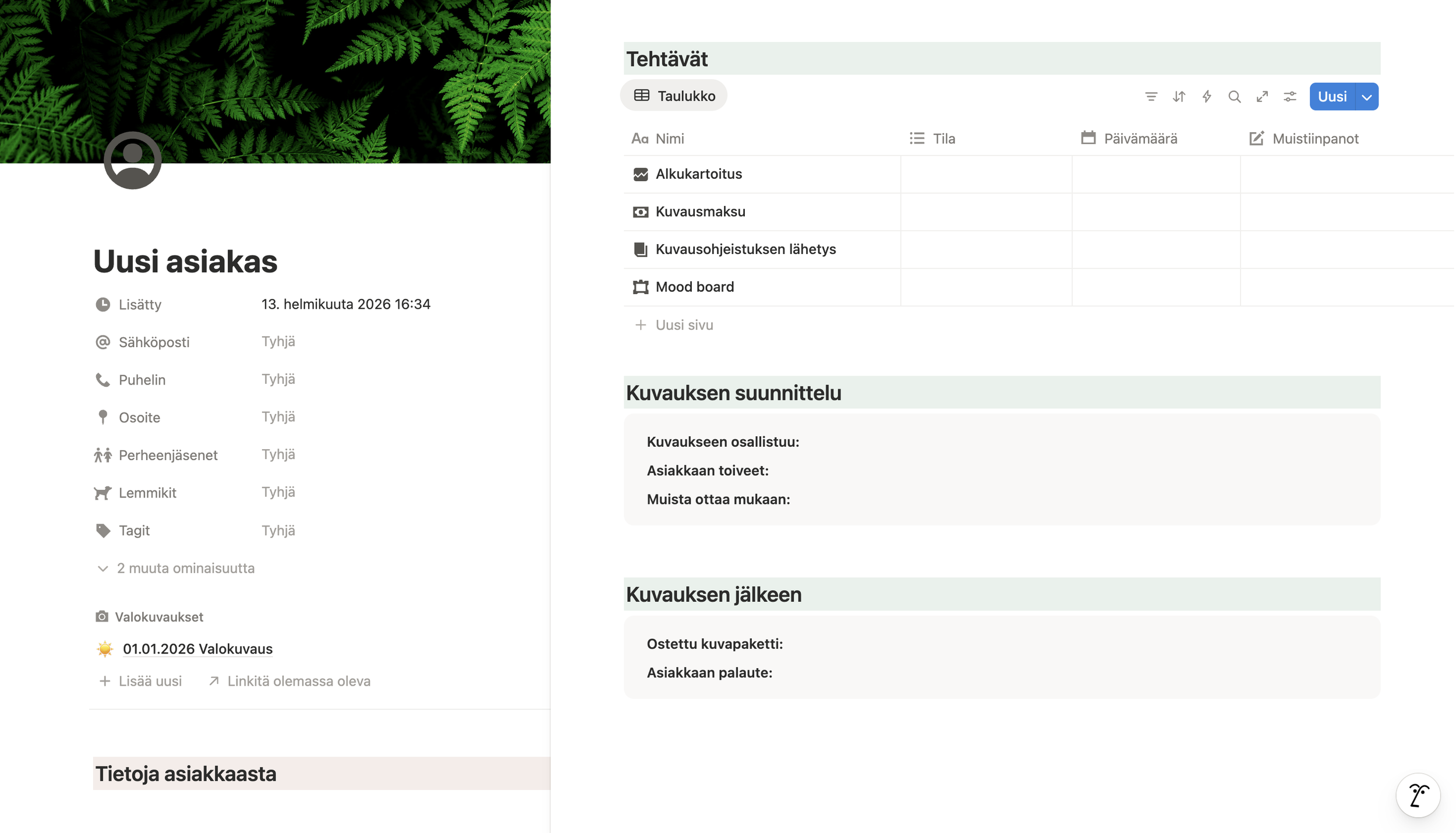 Lempi Creativen tekemä Notion-sivu asiakastietojen hallintaan