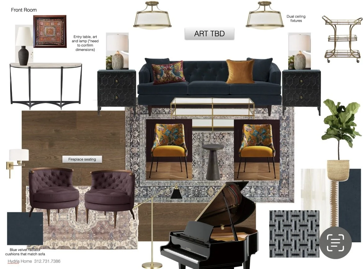 Interior design mood board featuring a navy blue sofa, gold and black accent chairs, a glass coffee table, tufted brown chairs, a grand piano, a console table, wall art, ceiling fixtures, and a floor lamp. Includes a patterned carpet, wood flooring, 