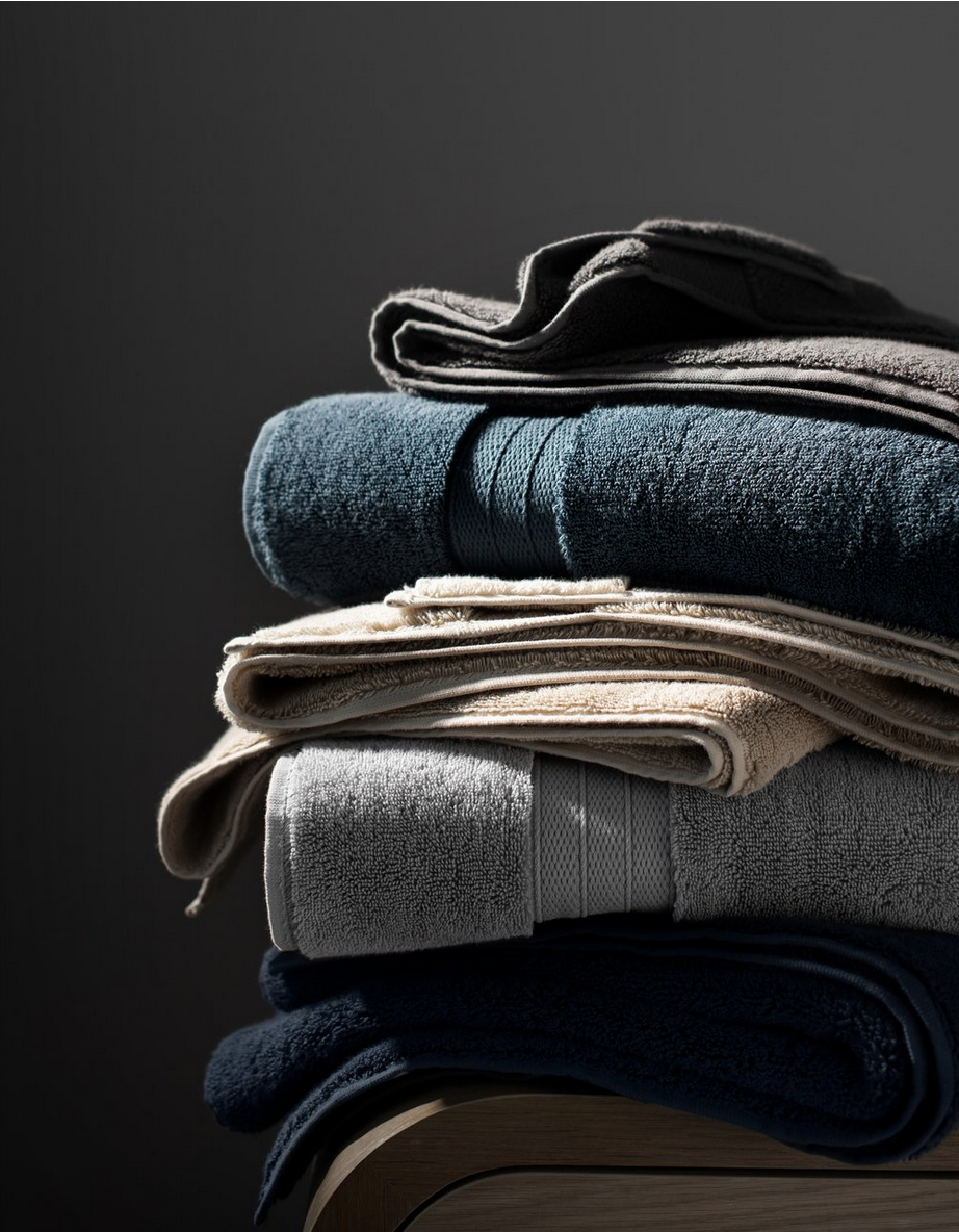 Stacked neatly folded towels and clothing in neutral tones on a wooden surface, with a dark background.