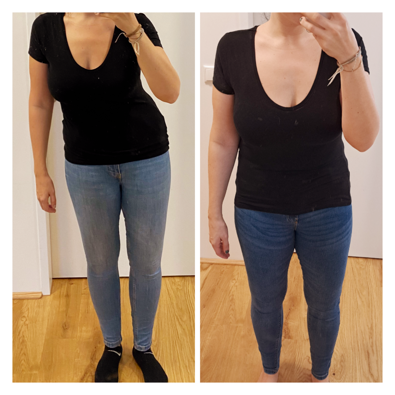 Seitliche Vergleichsbilder eines Menschen in legerer Kleidung, der sich auf den Bildern von vorne fotografiert hat. Links mit Sportband am Arm, trägt eine schwarze T-Shirt und Jeans. Rechts trägt die gleiche Person ein schwarzes T-Shirt und eine dunklere Jeans, ohne Armband.