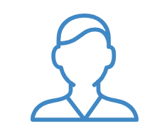 Skizze einer Person mit Kurzhaarschnitt, blauer Umriss. Keine Gesichtszüge erkennbar.