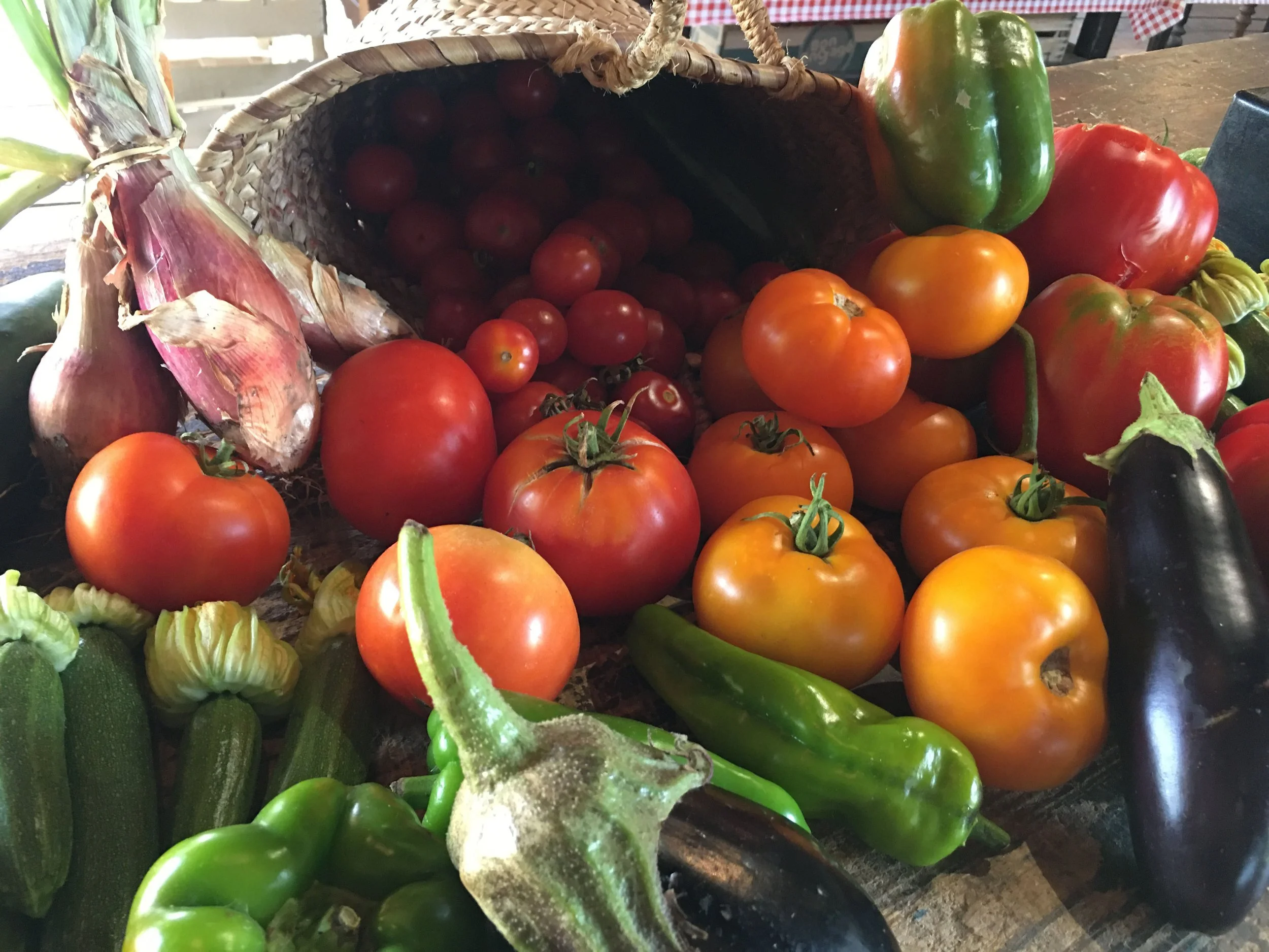 Une variété de légumes et de tomates colorées sur une table en bois, avec une panière en osier renversée au fond.