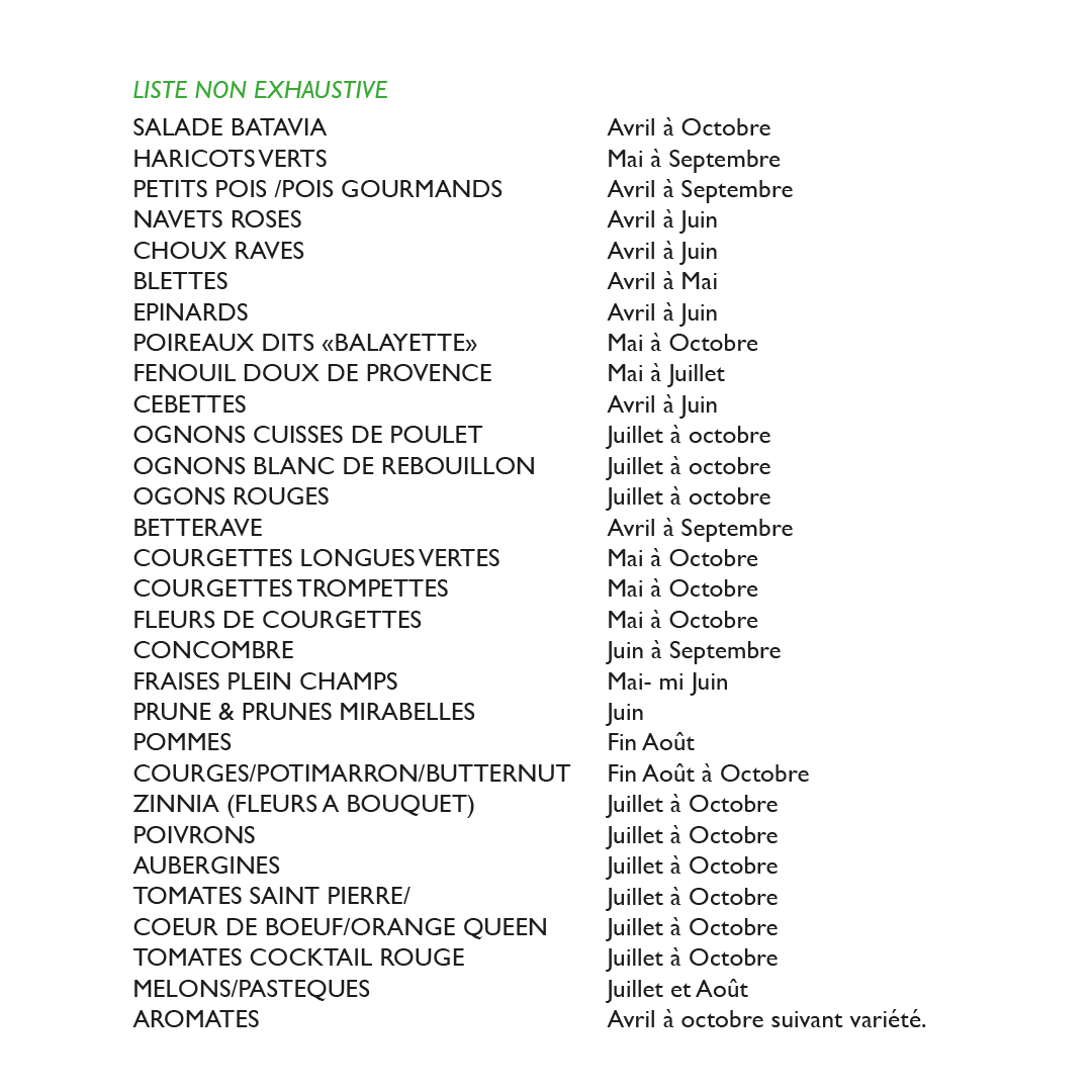 Liste non exhaustive de légumes et fruits avec leurs périodes de récolte, incluant salade batavia, haricots verts, petits pois, navets, choux raves, blettes, épinards, poireaux, fenouil, cébettes, oignons, champignons, courgettes, concombres, fraises, prunes, pommes, aubergines, tomates, melons, aromates, avec périodes de récolte indiquées en mois.