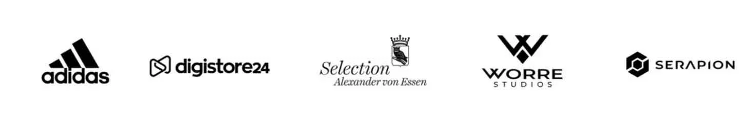 Logos of Adidas, Digistore24, Selection Alexander von Essen, Wortle Studios, Serapion