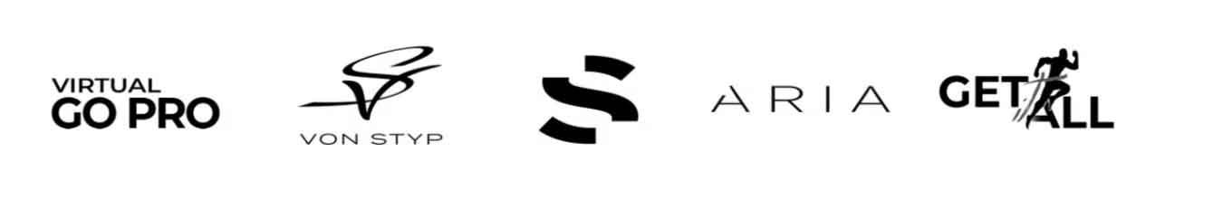 Logos for Virtual Go Pro, Von Styp, S, Aria, and Get All, with the Get All logo including a silhouette of a person running.