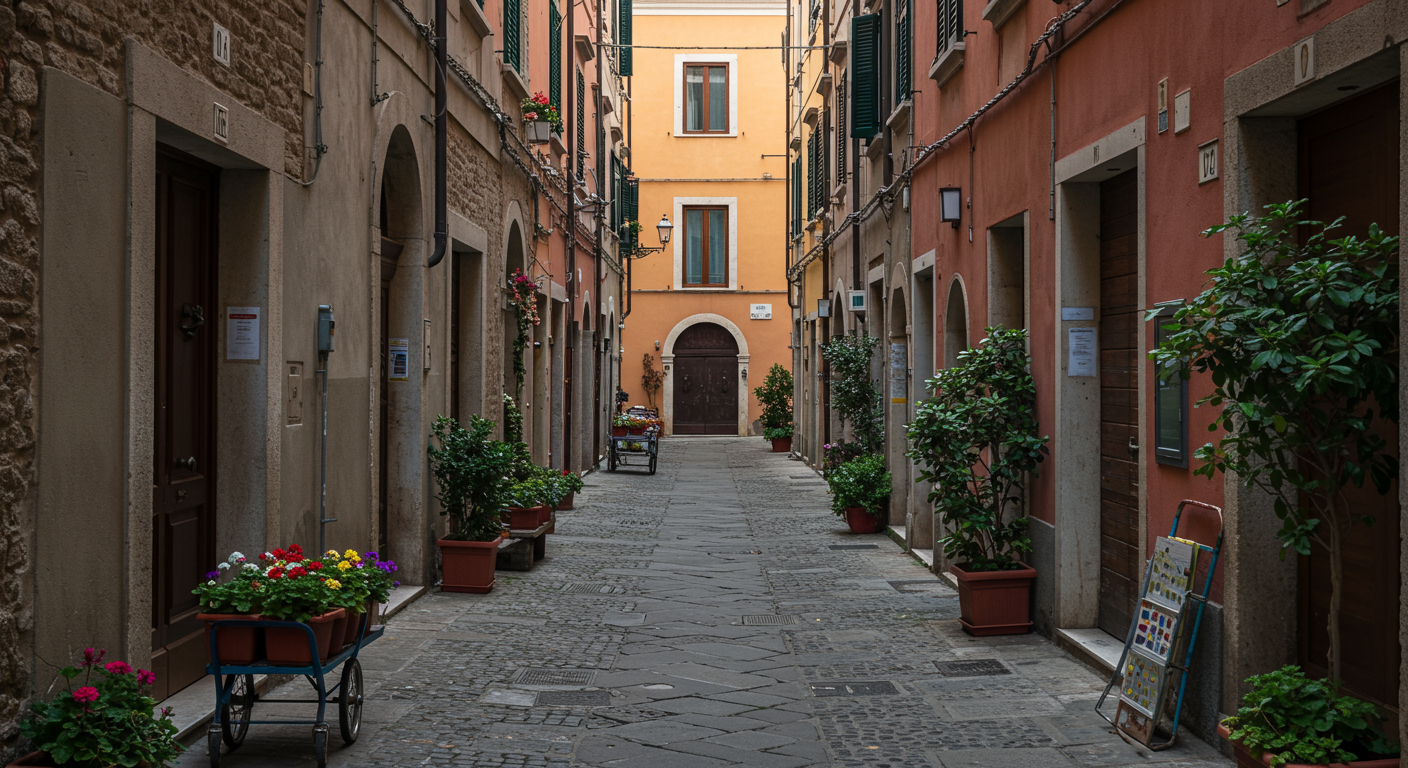 Narrow cobblestone alley with colorful buildings and potted plants
