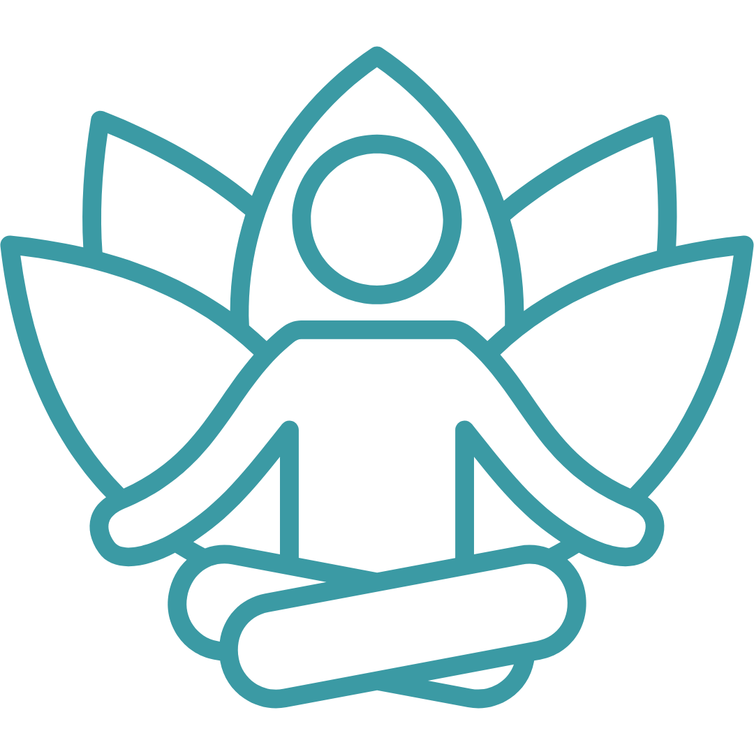 Line drawing of a person in a meditation pose with a lotus flower behind them.