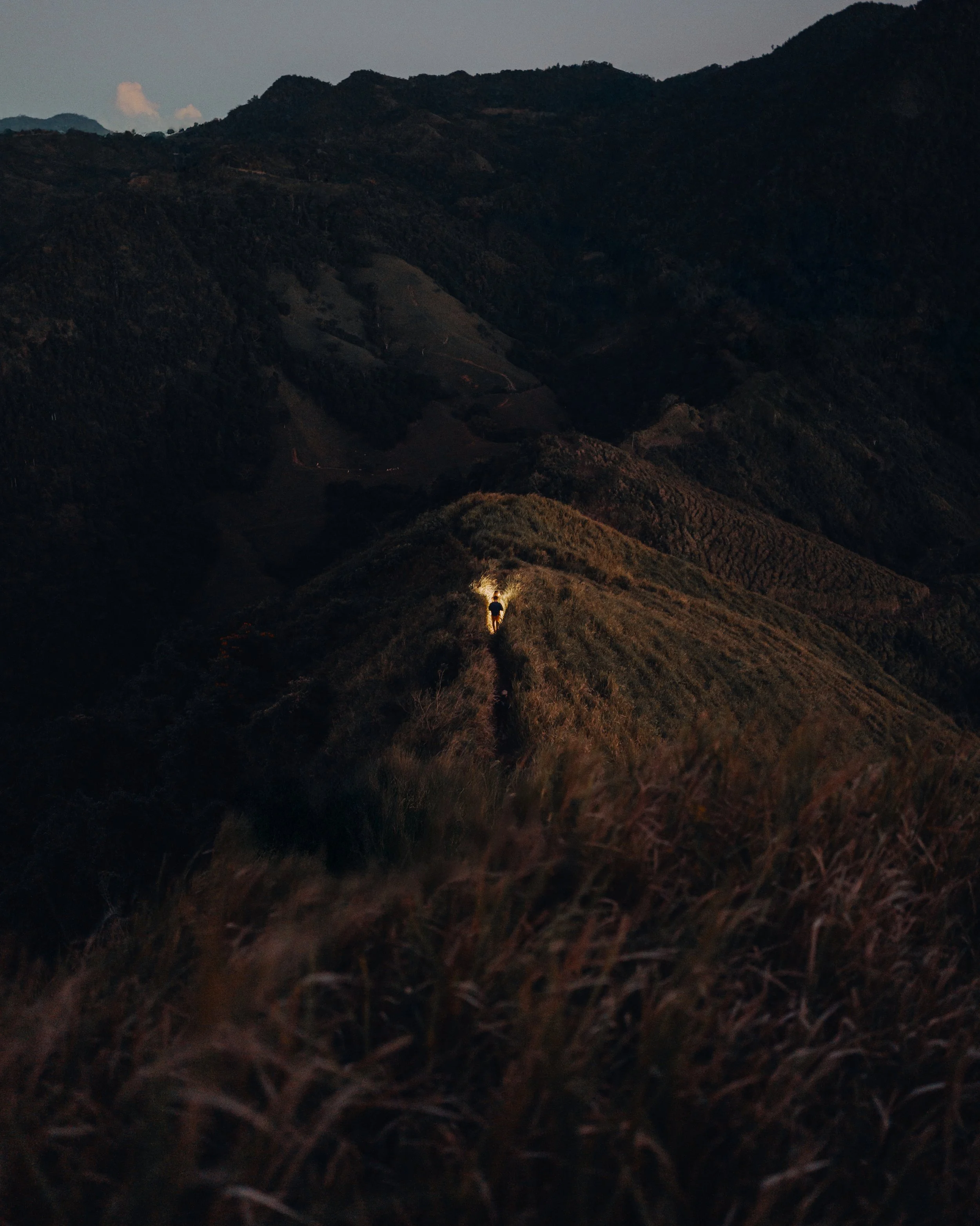 Hiker with a flashlight on a dark, grassy mountain ridge.