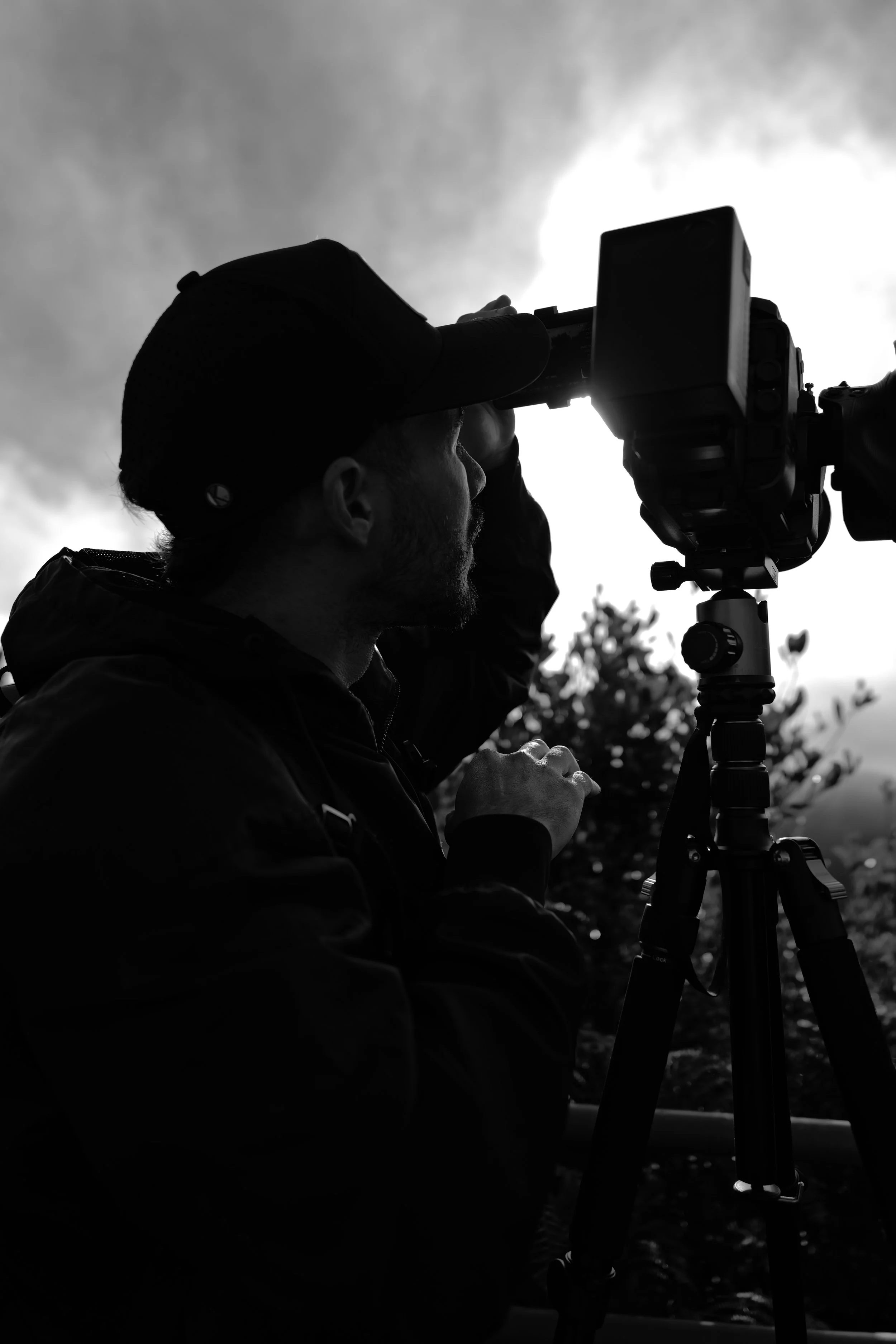 Black and white photograph of a crowd of people inside a building, facing towards a source of light. The scene captures the back and side profiles of several individuals, with some wearing sunglasses and others looking towards an exit or window. The mood appears contemplative or expectant.