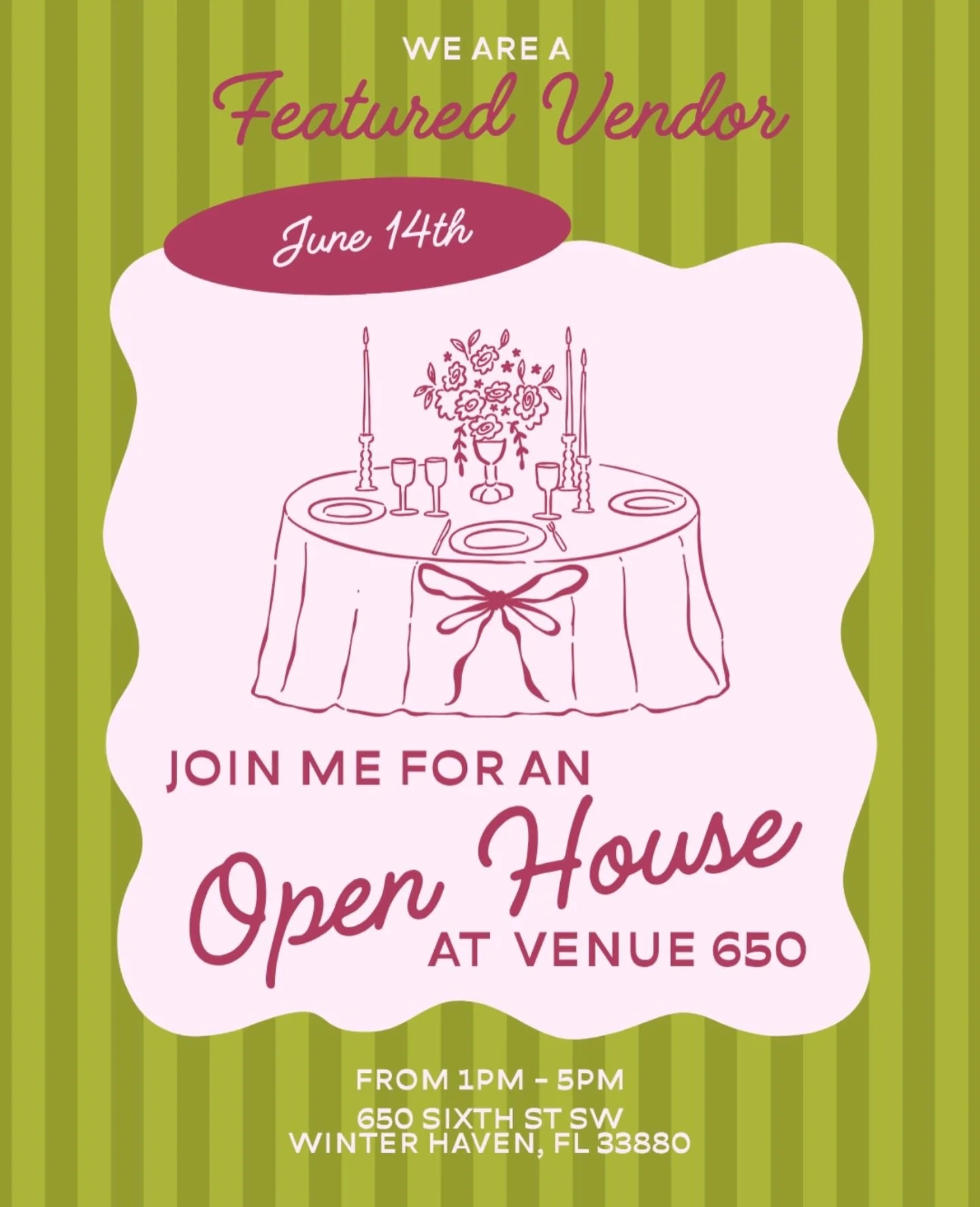 Join us for an Open House event at Venue650 in Winter Haven, Florida ✨ June 14th, 2026! So happy to be a featured vendor at the venue we got married at 💕 We&rsquo;ll have some different walls displayed at our booth and some cute goodies! Can&rsquo;t