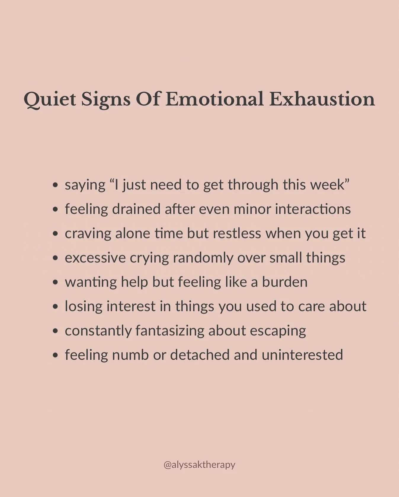 Emotional exhaustion doesn&rsquo;t always seem obvious.⁣
⁣
Sometimes it shows up in quiet, subtle ways - like feeling drained after small interactions, craving space but not being able to rest, or losing interest in the things that once mattered to y