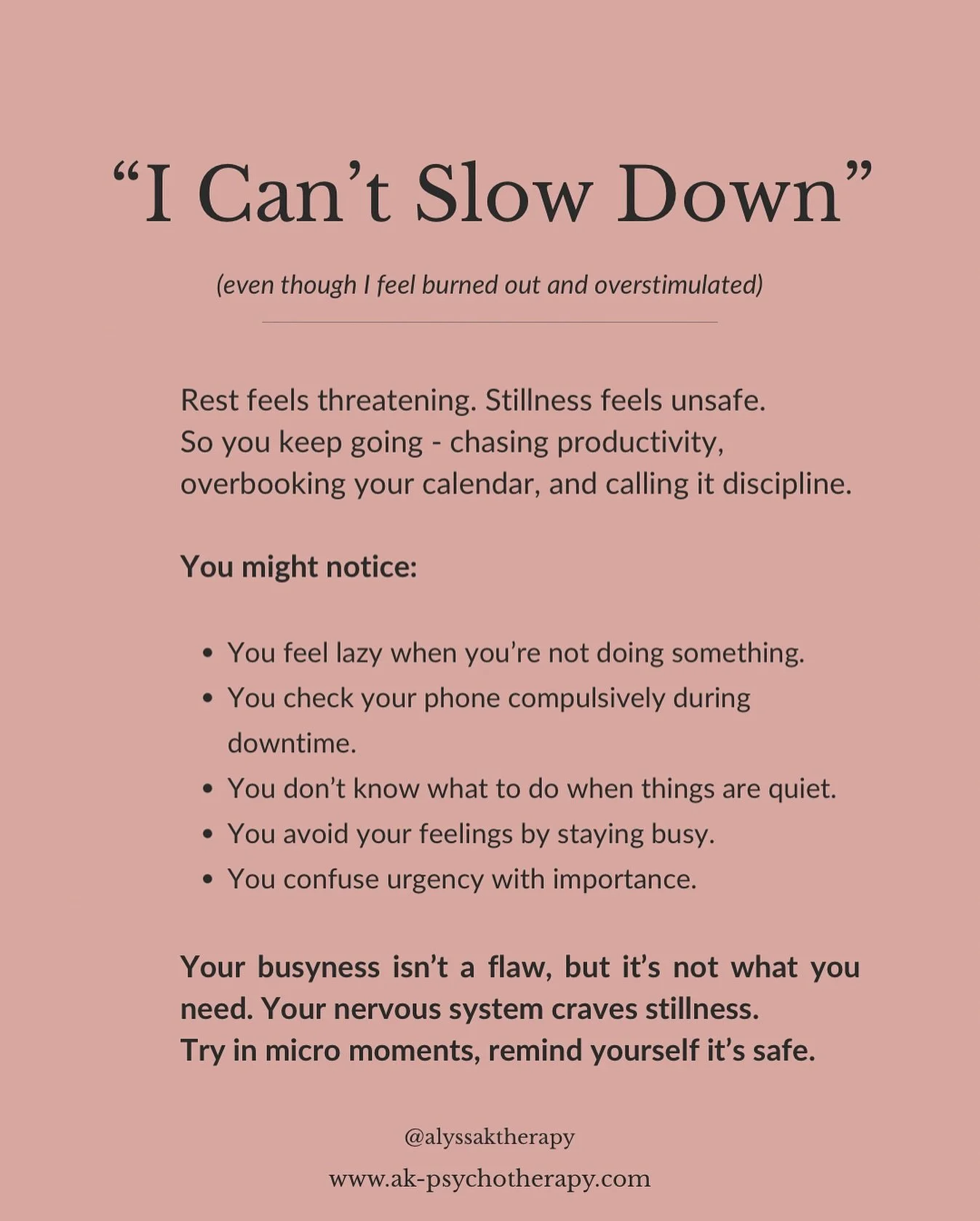 You&rsquo;re not just staying busy to get more done.⁣
⁣
You&rsquo;re protecting yourself from the discomfort of being and doing less.⁣
⁣
Stillness will feel foreign at first and you may feel restless or on edge and that&rsquo;s okay.⁣
⁣
Safety grows 