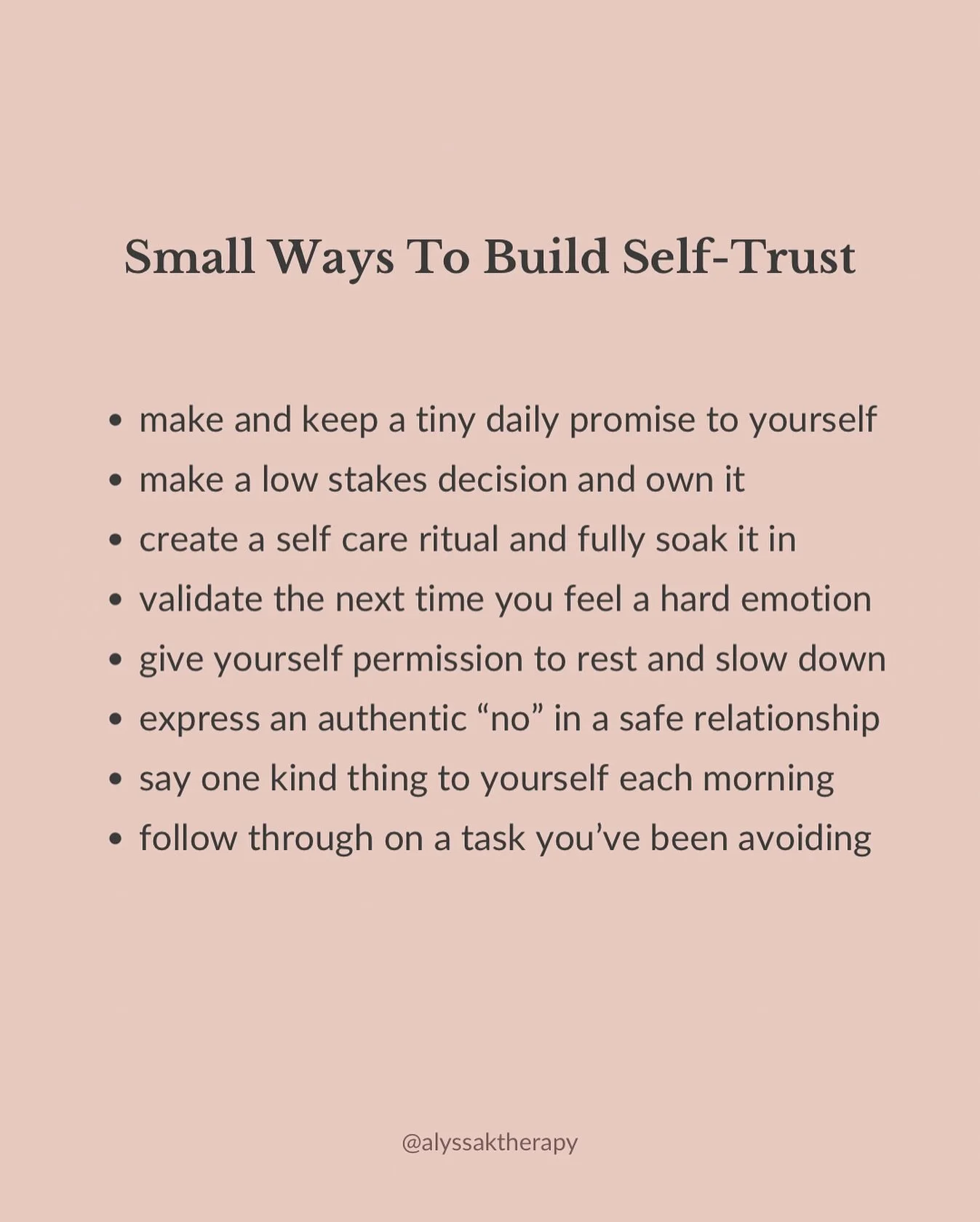 The small ways to rebuild your self trust matter!⁣
⁣
Owning your own decisions, validating your own emotions, fully creating self care rituals, holding boundaries. and follow through on your word are just to name a few. ⁣
⁣
Which do you want to try? 