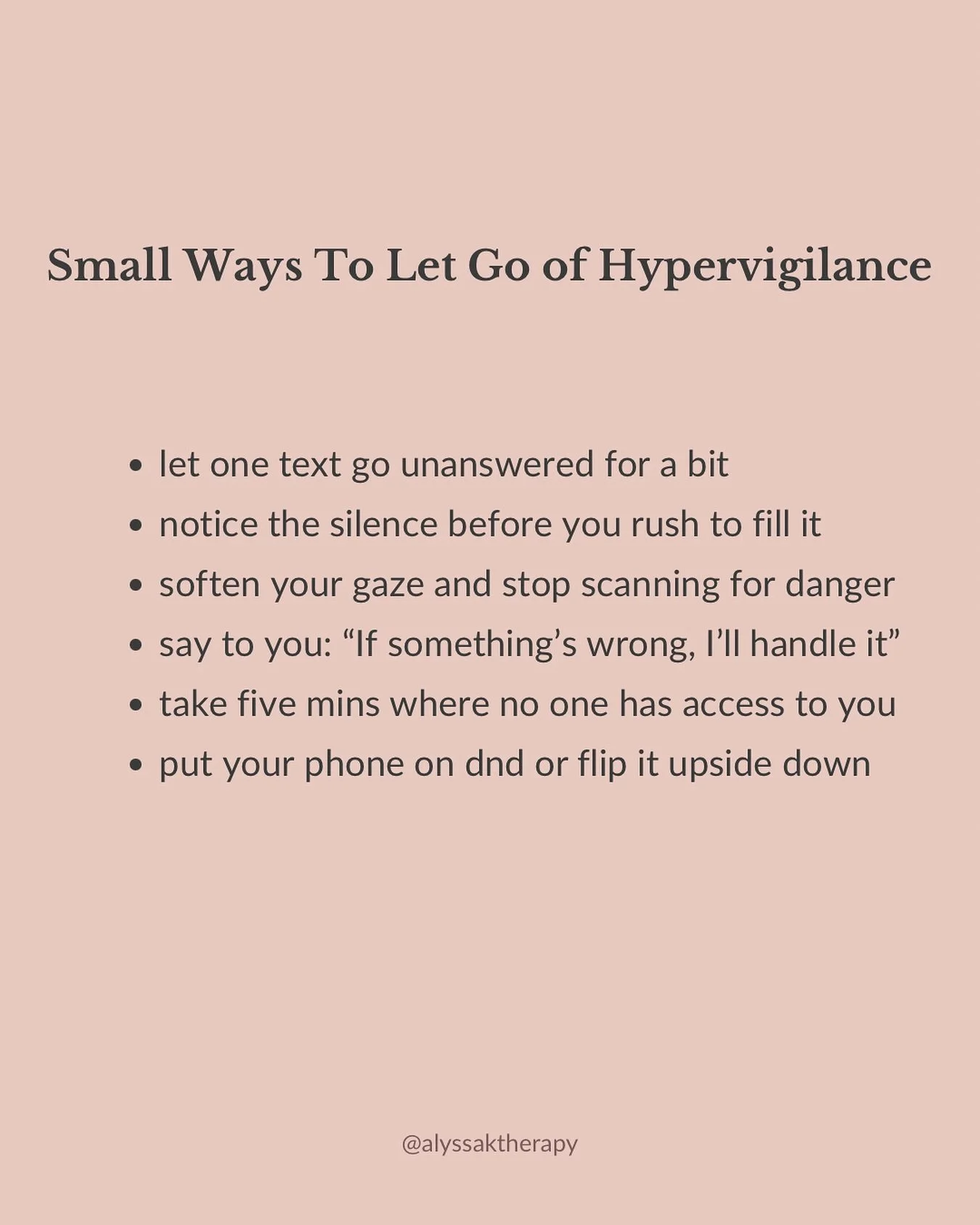 Hypervigilance can make it feel like you have to be on all the time. ⁣
⁣
But safety starts with tiny moments of trust - in yourself, in your body, in the present. Reminding yourself that you don&rsquo;t have to brace for impact 24-7. #hypervigilance 
