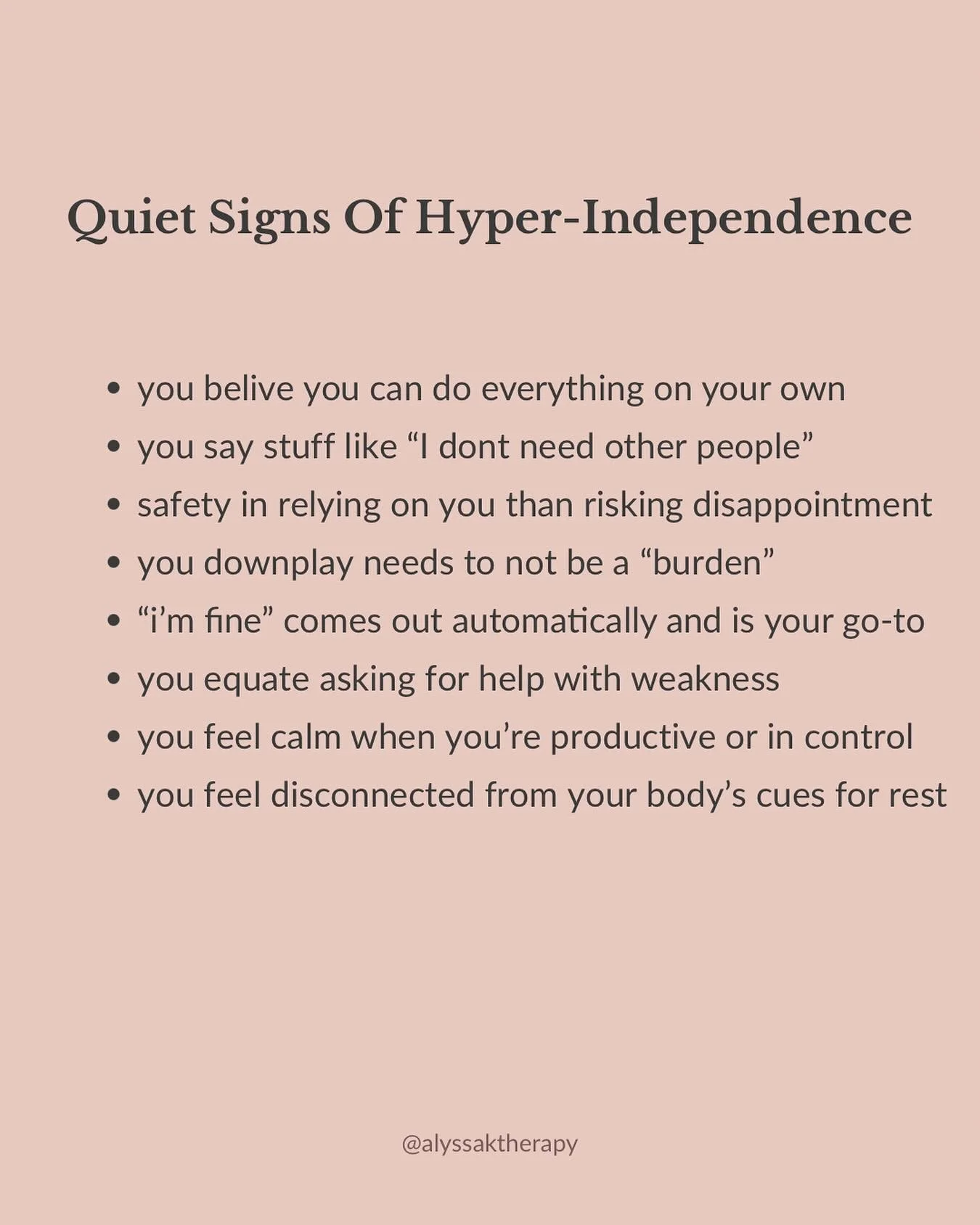 Quiet signs of hyper-independence!⁣
⁣
It&rsquo;s not that you don&rsquo;t want support -⁣
⁣
It&rsquo;s that your body learned being needed feels safer than needing. It&rsquo;s a way to protect from your belief that people I&rsquo;ll ultimately let yo