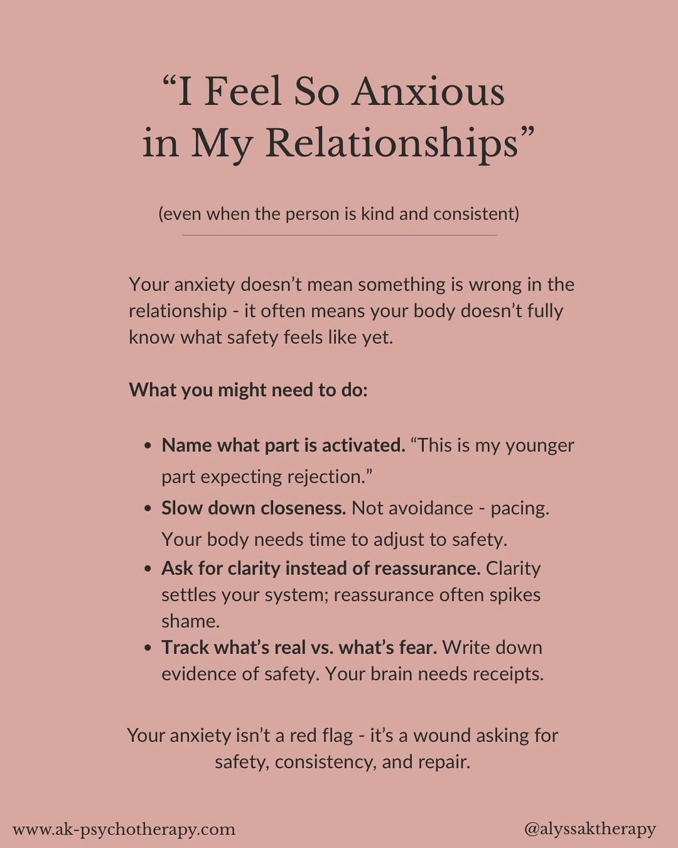 When your body hasn&rsquo;t learned what safety feels like, even healthy relationships can feel overwhelming.⁣
⁣
Your anxiety doesn&rsquo;t mean something is wrong - it means something old is being activated. ⁣
⁣
You fear rejection, abandonment, and 