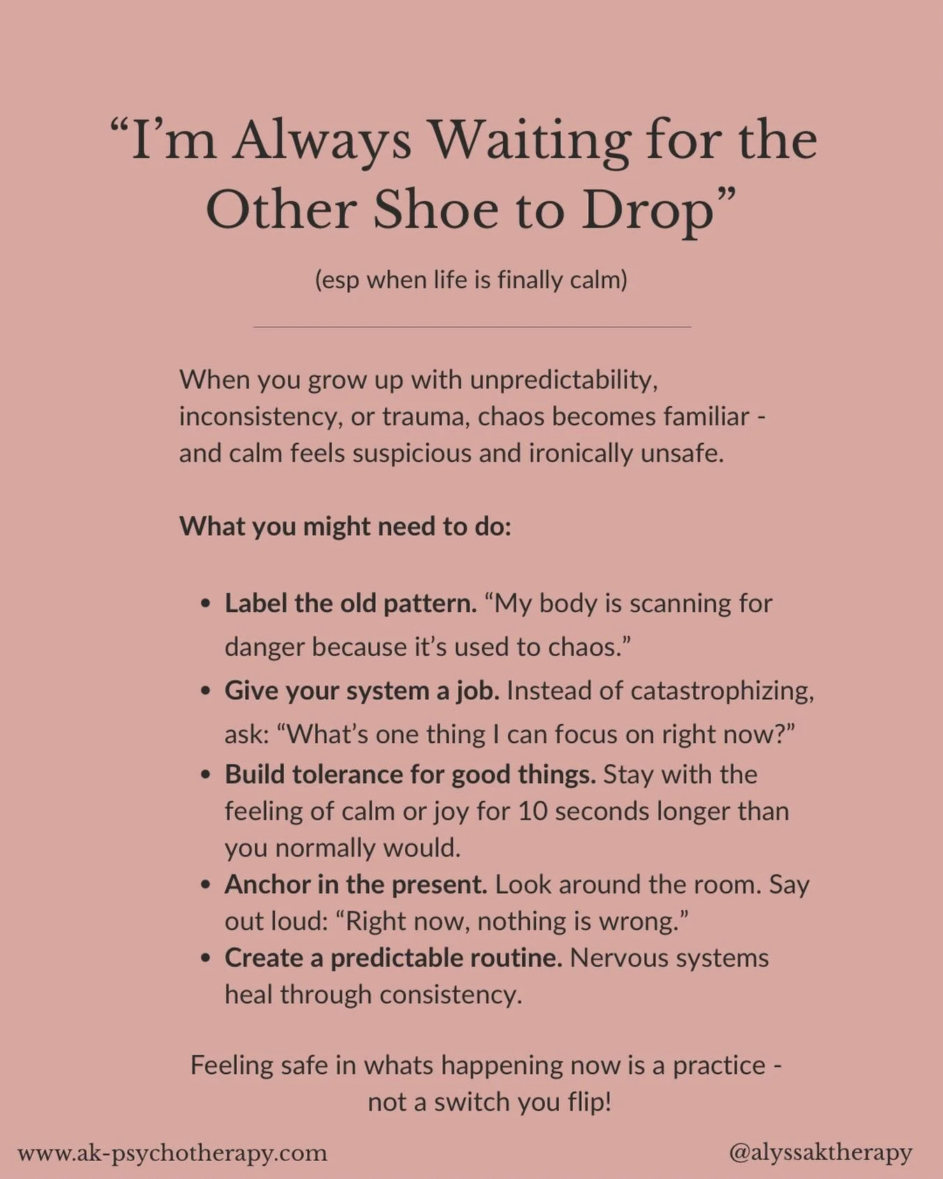 ⁣
If you&rsquo;re always bracing for something bad to happen right when life finally feels calm, this is from being  conditioned!⁣
⁣
When chaos was familiar, safety can feel suspicious.⁣
⁣
Nothing going wrong ironically triggers a fear in you and a s