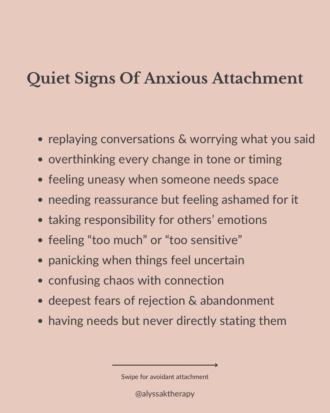 Anxious and avoidant attachment often get reduced to stereotypes, but the reality is muchhhh more complex than what social media usually shows! ⁣
⁣
For anxious attachment, it can look like managing connection through overthinking, reassurance-seeking