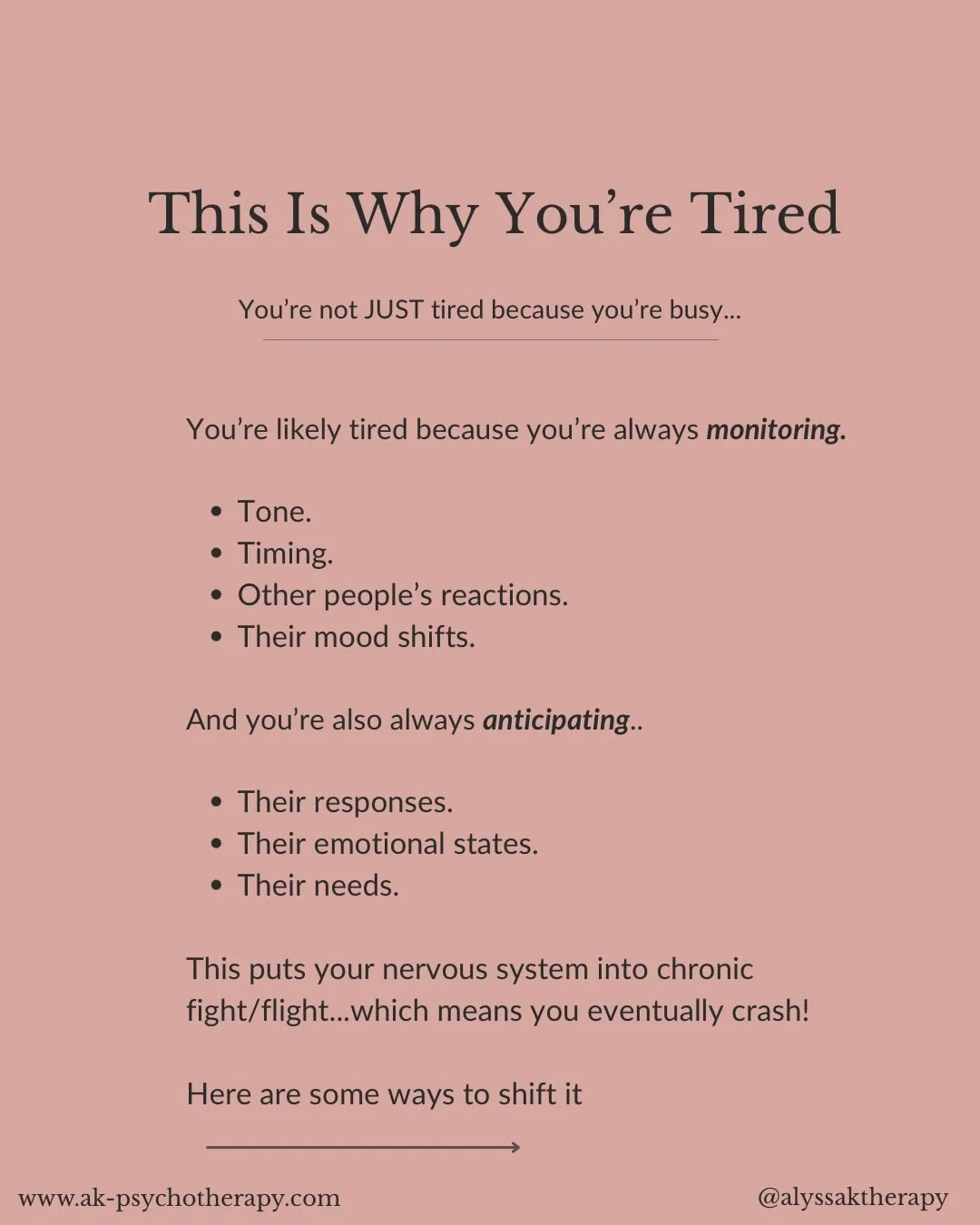 In addition to physical tiredness, so often it&rsquo;s also emotional!⁣
⁣
The thing about anxiety and always monitoring other people, anticipating their needs, and waiting for the other shoe to drop (aka hypervigilance) is that you&rsquo;re chronical