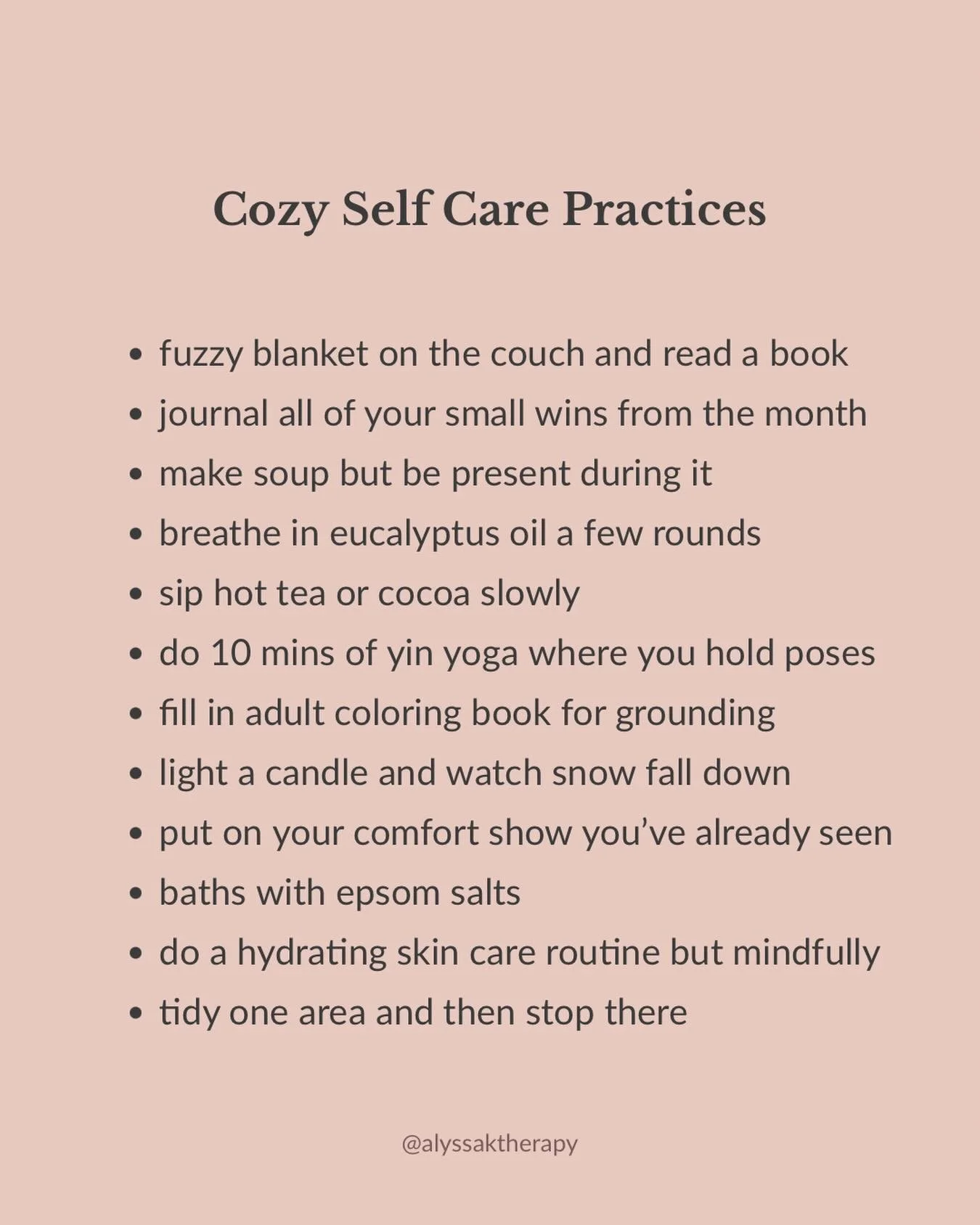 For today and tomorrow since many of us will be having chill, cozy, weekends inside. Might as well get your self care on 🧖&zwj;♀️❄️ #selfcare #cozyselfcare #winterselfcare #therapistsofinstagram