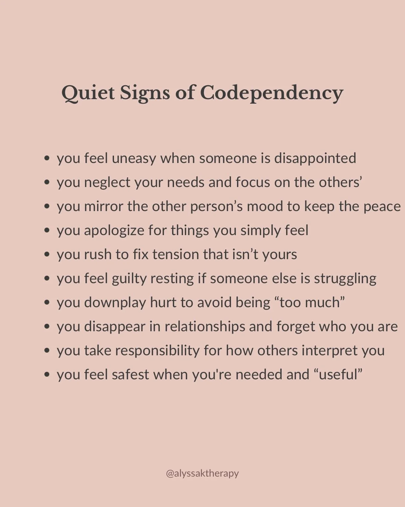 Codependency is a relational dynamic that looks like being really good at adjusting, anticipating, smoothing things over - and quietly disappearing in the process.⁣
⁣
It&rsquo;s a lot of self abandonment and self neglect, overthinking, and constantly