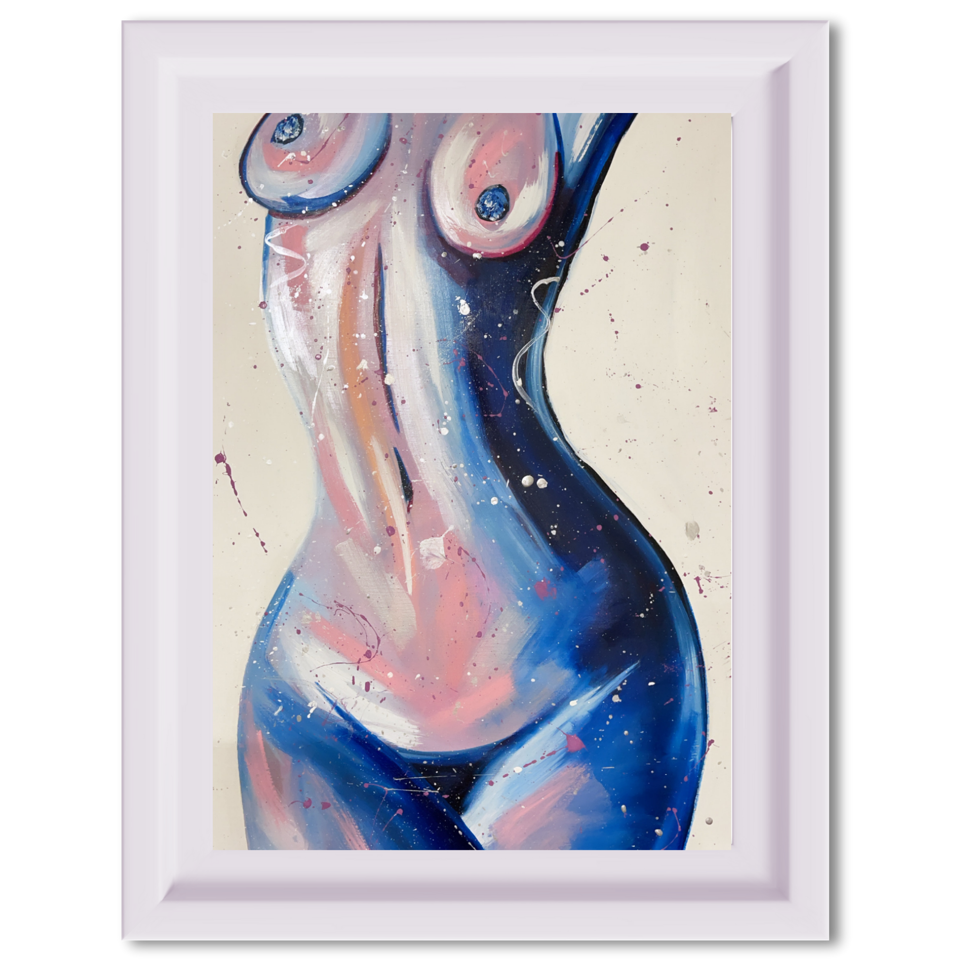 Abstract painting of a female torso in vibrant blue and pink hues with dynamic brushstrokes, framed in white.