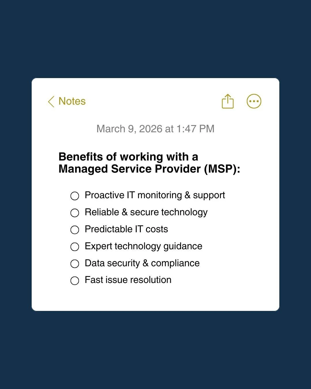 The right MSP does more than fix problems.

They keep your systems secure, reliable, and running smoothly, so your team can focus on growing the business.