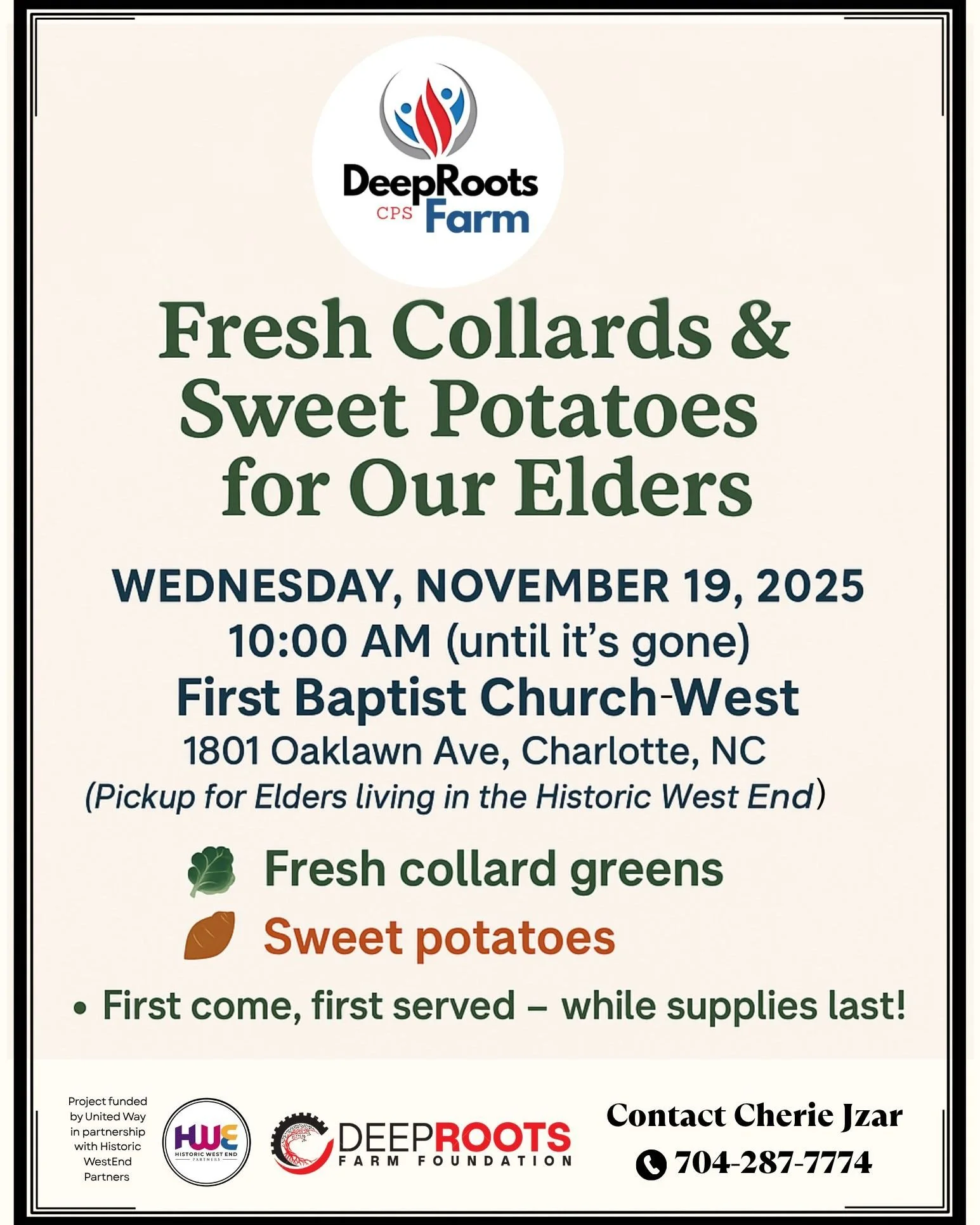 Attention Historic West End Elders! 💚
We&rsquo;re closing out the season with one last Senior Produce Giveaway! 🥬🍠

Join us Wednesday, November 19 at 10AM at First Baptist Church West (1801 Oaklawn Ave), thanks to the generous support of First Bap