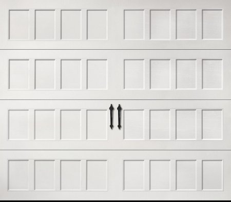 White paneled garage door with black handles