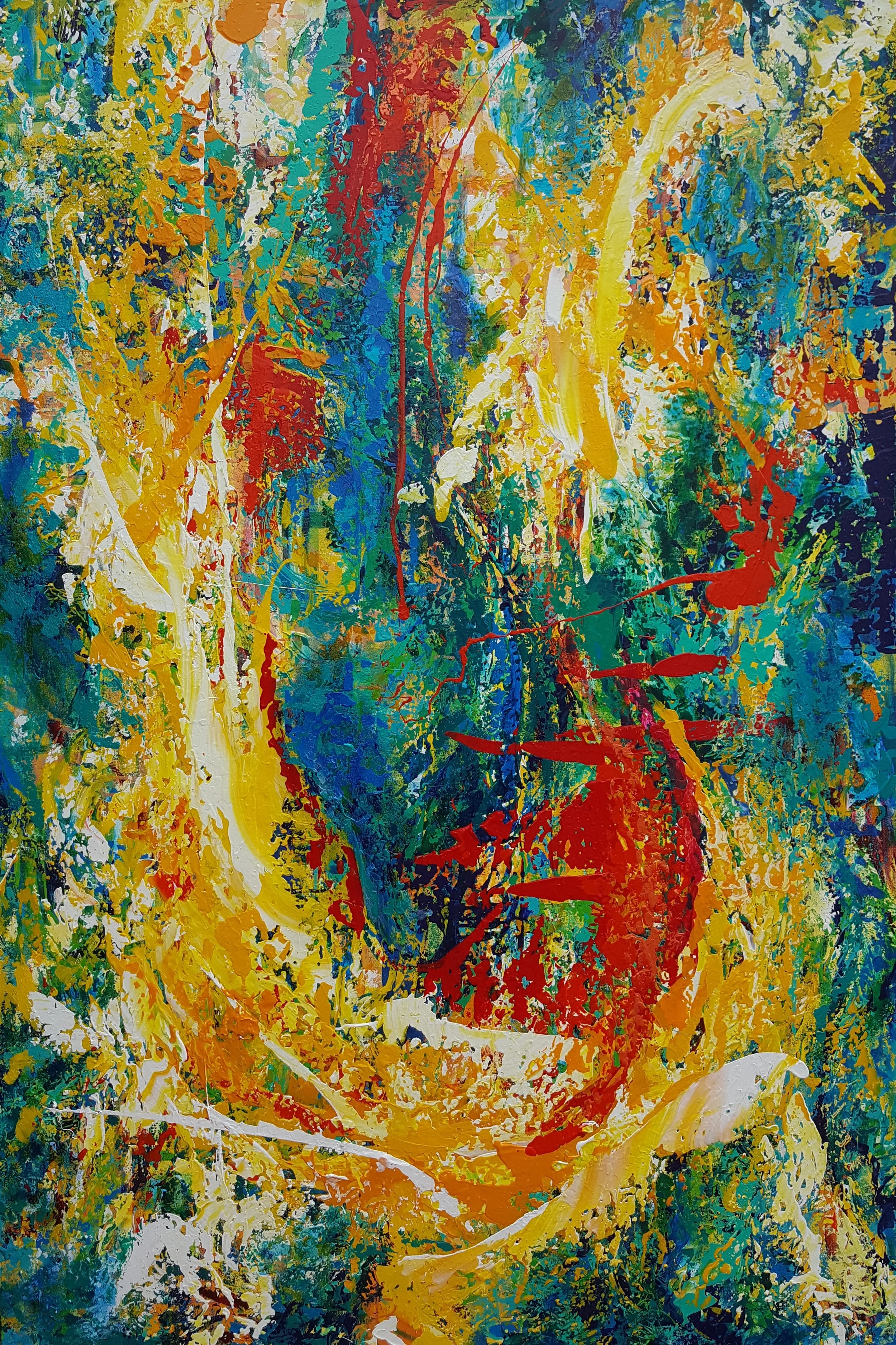 An abstract, colorful painting with splashes of yellow, red, blue, green, and white paint.