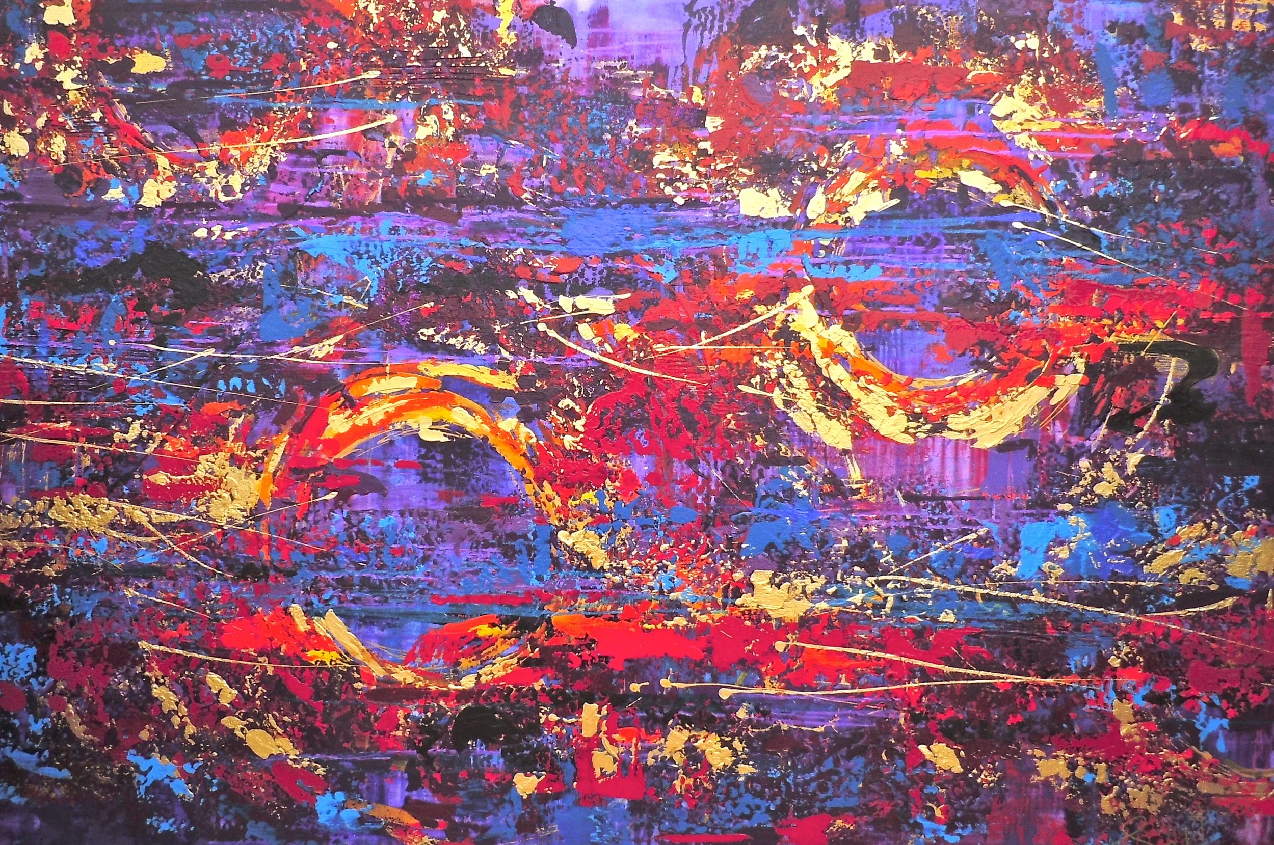 Abstract painting with vibrant splashes of red, purple, blue, black, and gold, featuring arches and dynamic brushstrokes creating a textured, energetic scene.