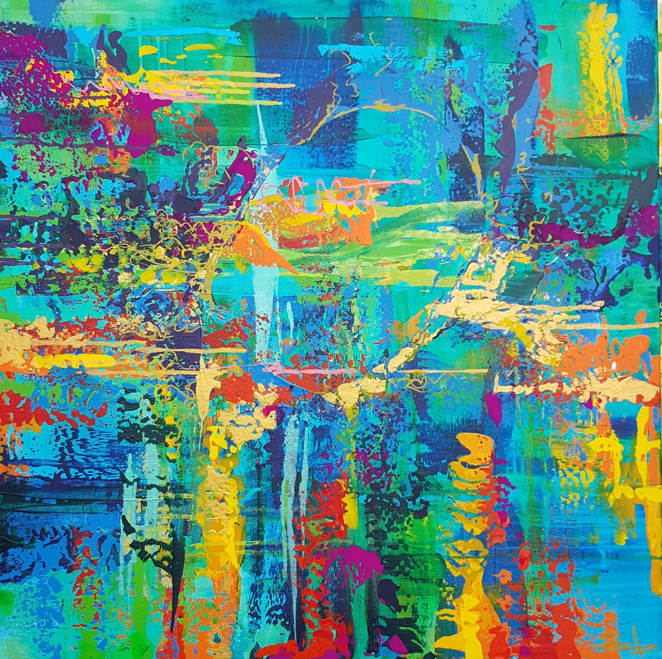 Abstract colorful painting with splashes of blue, green, yellow, orange, purple, and red, featuring layered textures and brushstrokes.