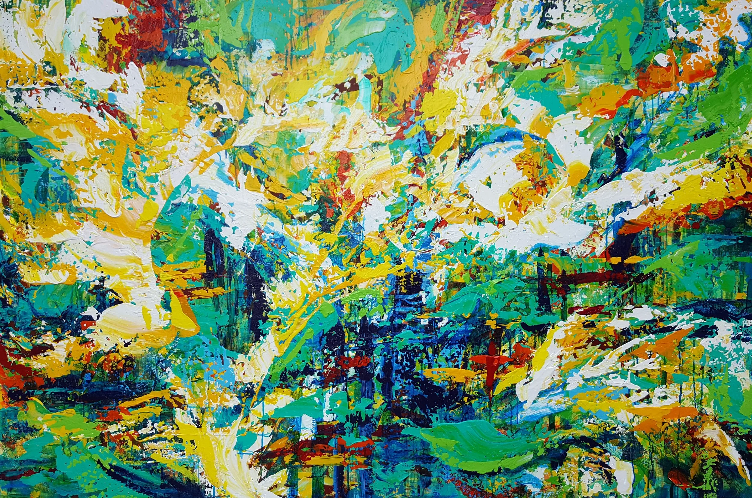 Abstract painting with vibrant splashes of yellow, white, green, blue, red, and orange colors in a chaotic, energetic composition.