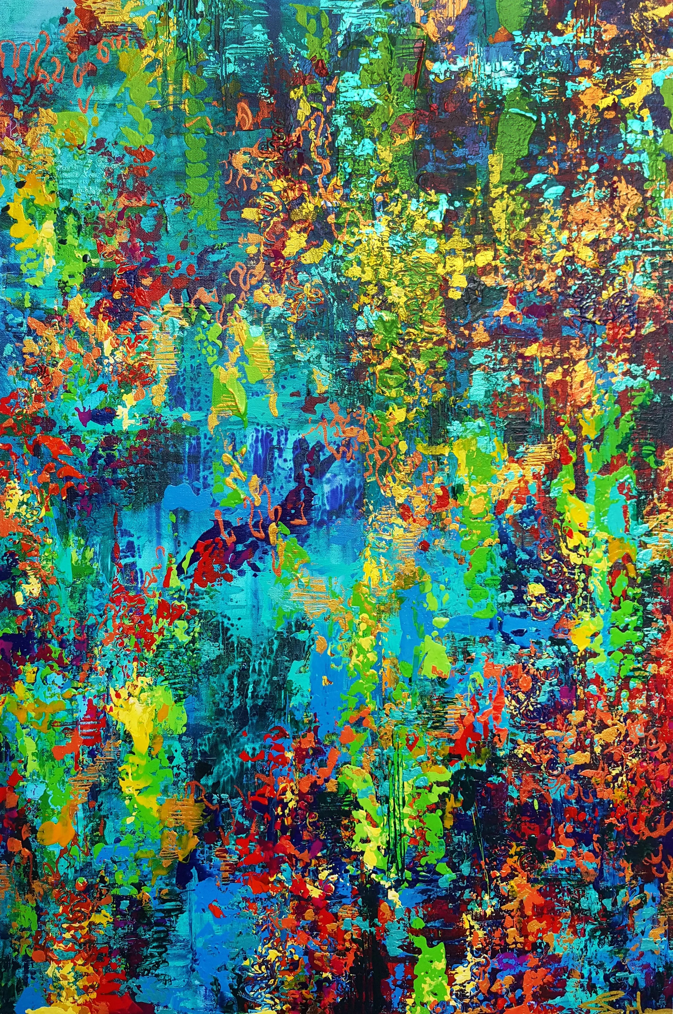 Abstract colorful painting with a mix of blue, green, yellow, orange, red, and purple strokes creating a vibrant and textured composition.